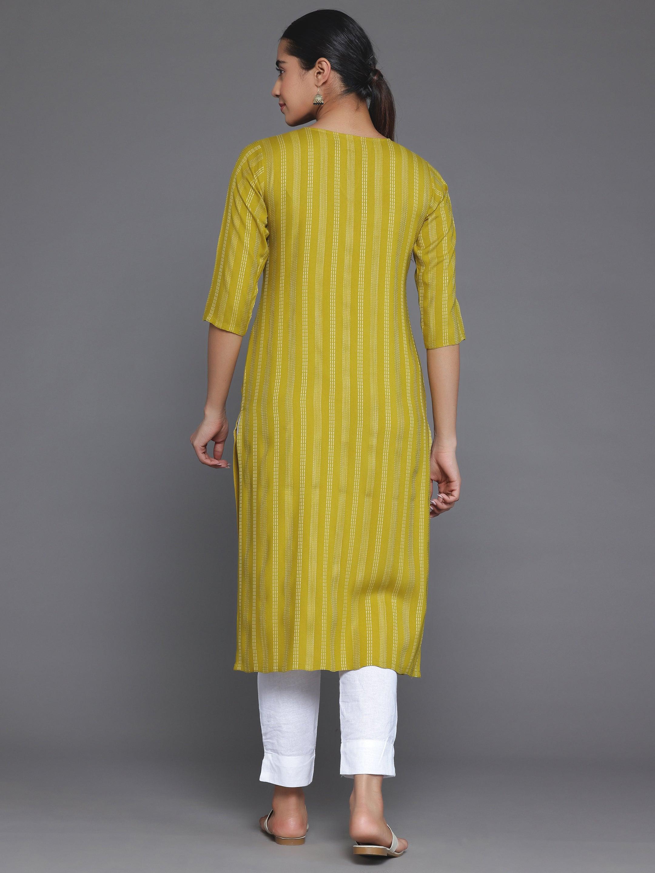 Mustard Striped Rayon Straight Kurta