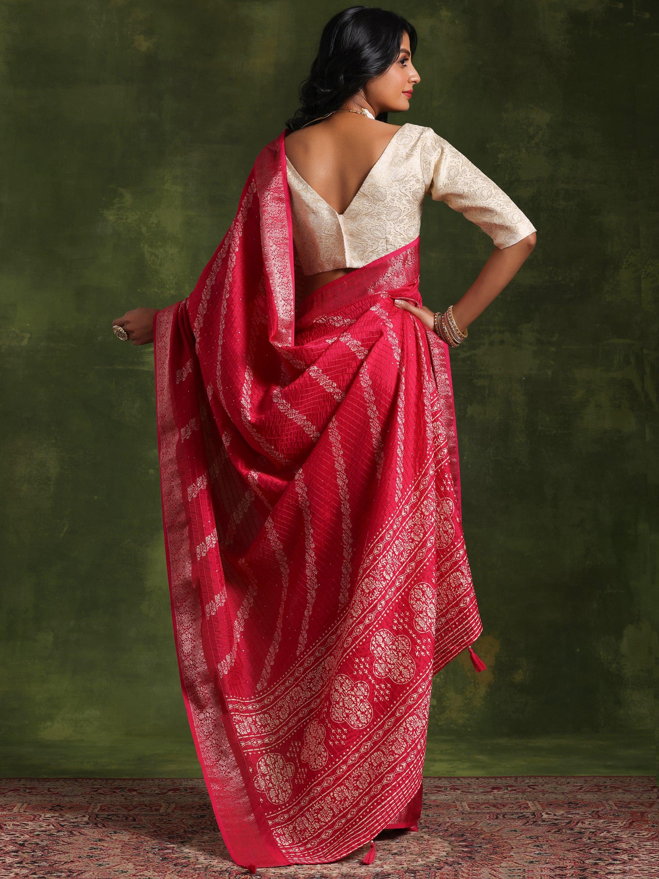 Pink Printed Silk Blend Saree With Unstitched Blouse Piece