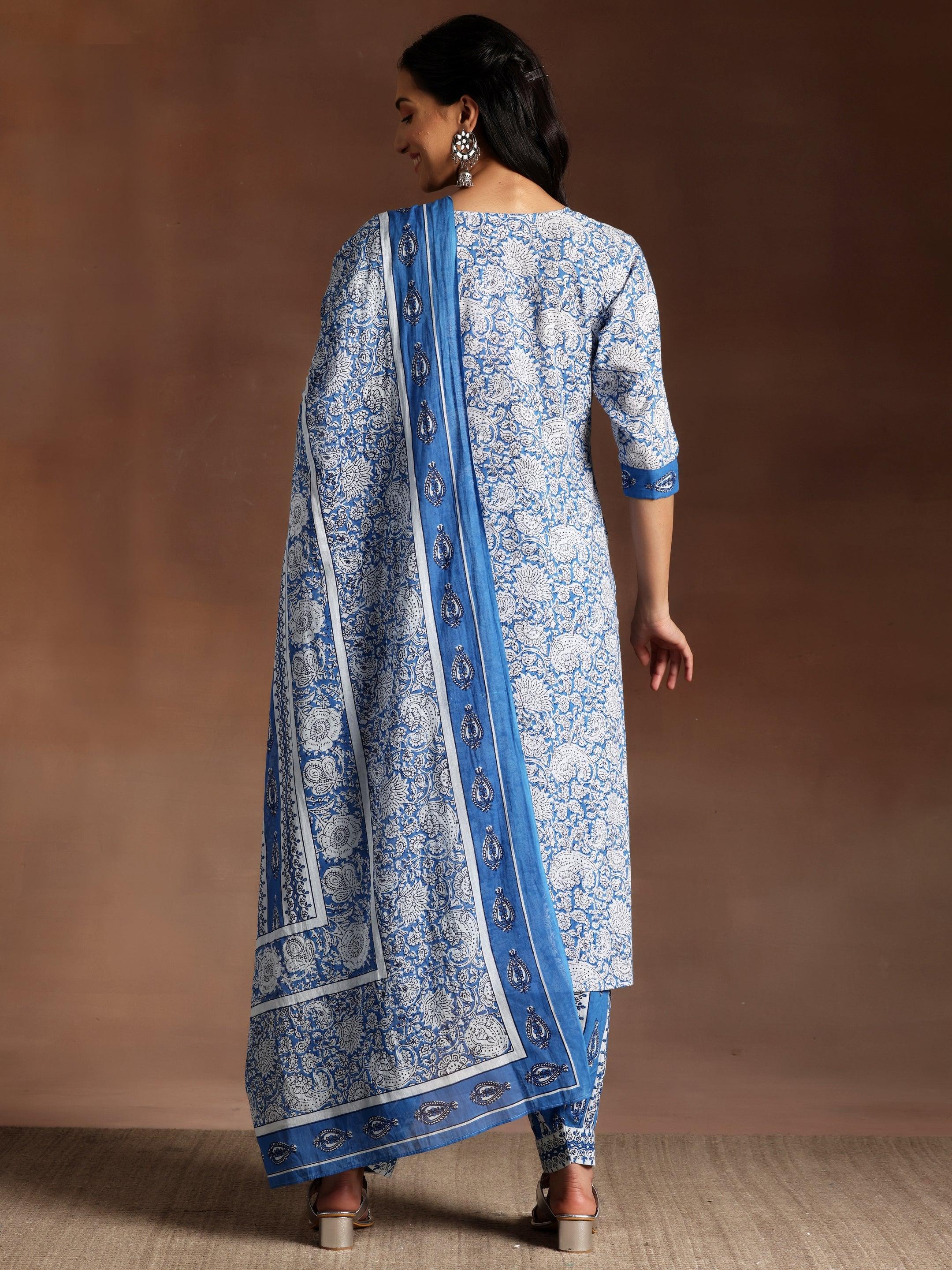 Blue Printed Cotton Straight Suit With Dupatta