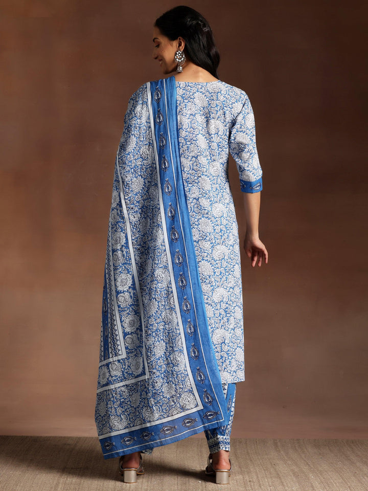 Aasmaani Blue Printed Cotton Straight Kurta With Salwar & Dupatta - ShopLibas