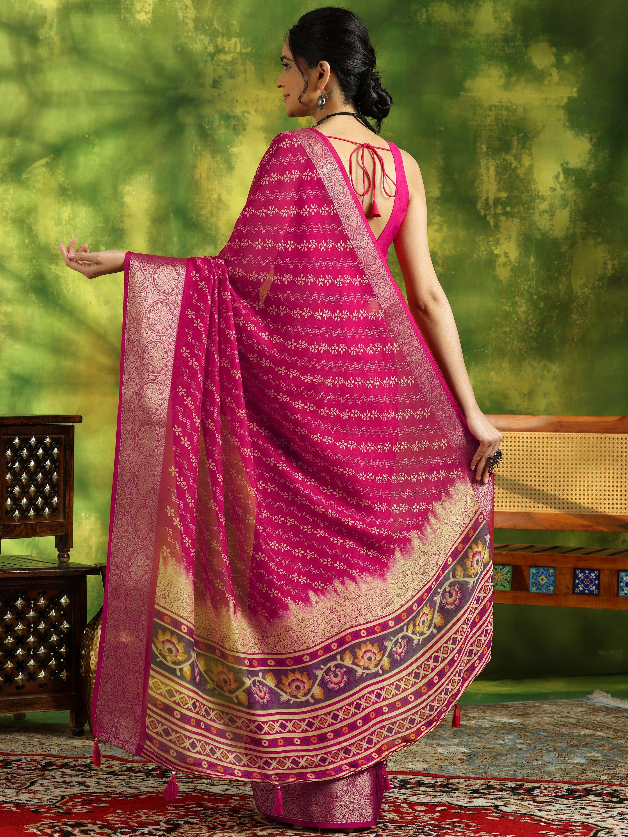 Pink Printed Silk Blend Saree With Unstitched Blouse Piece