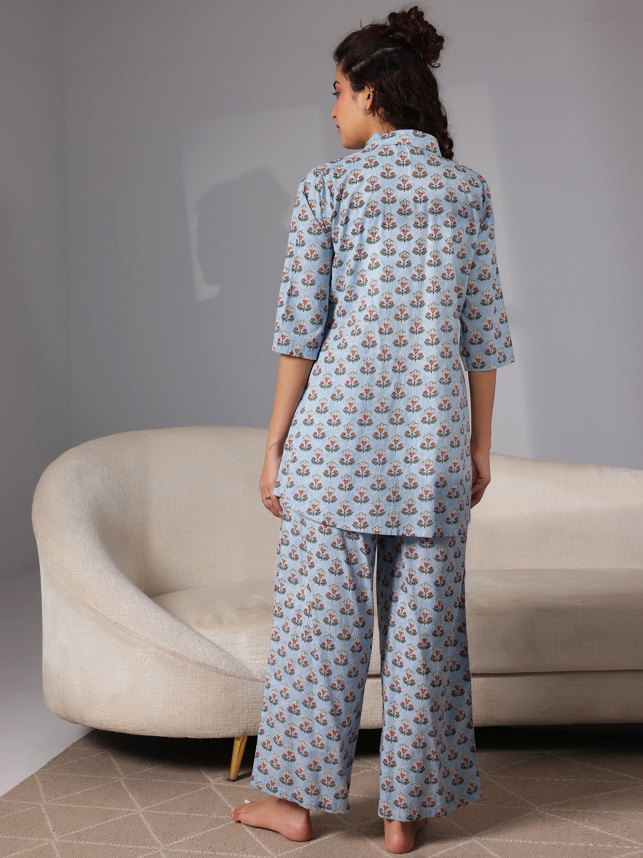 Blue Printed Cotton Night Suits