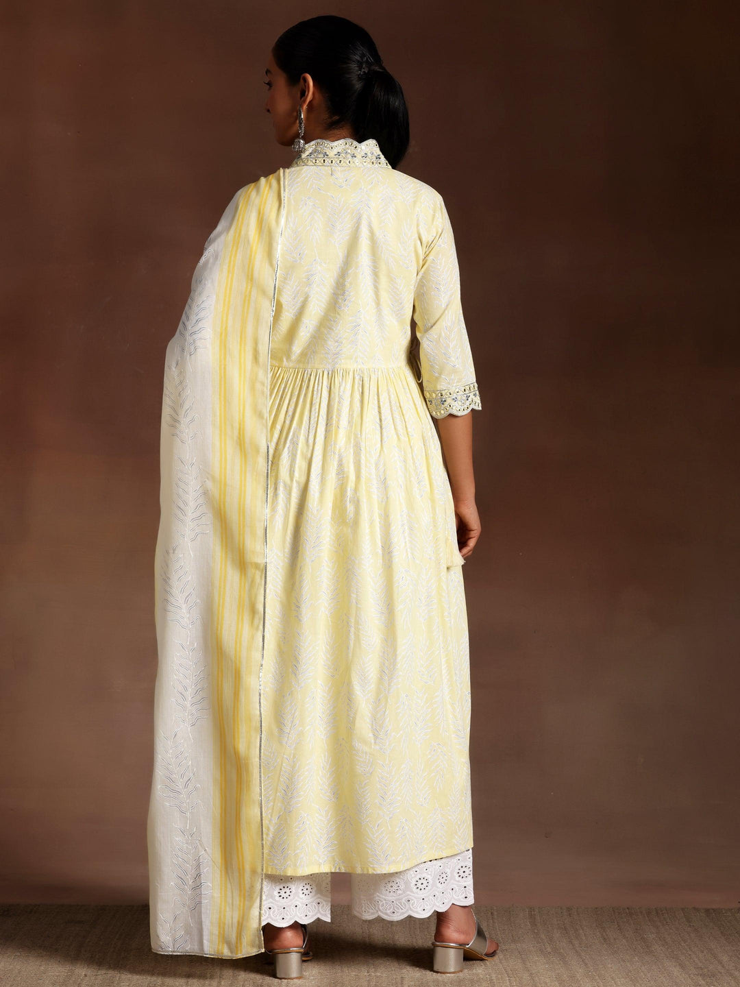 Seher Yellow Printed Cotton A-Line Kurta With Palazzos & Dupatta - ShopLibas