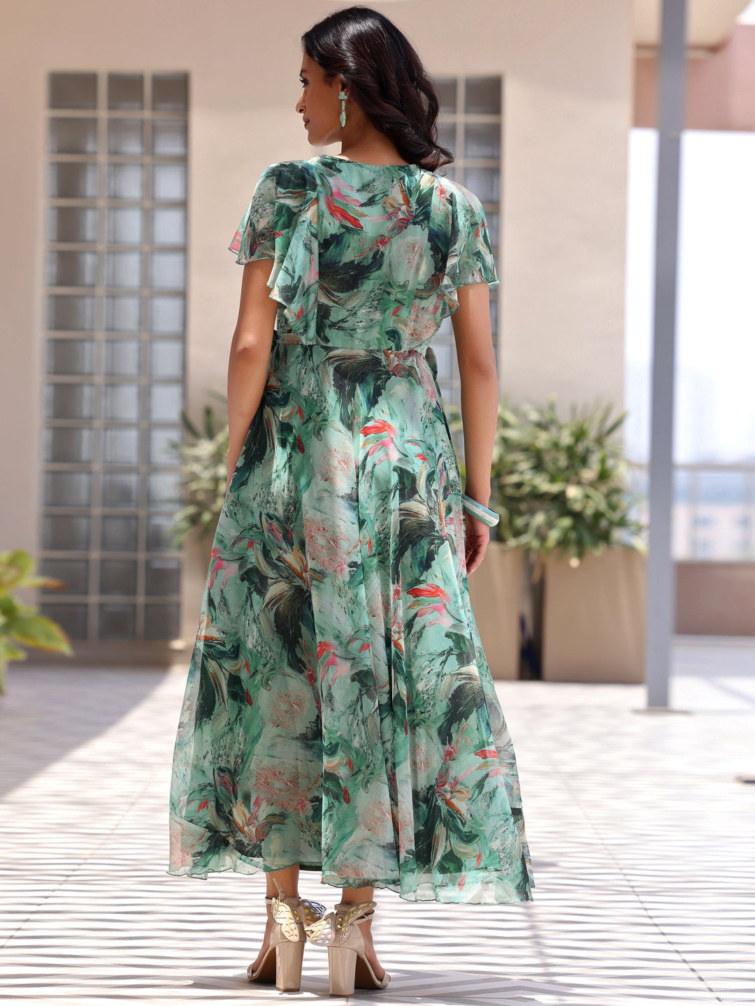 Green Printed Chiffon A-Line Dress With Belt