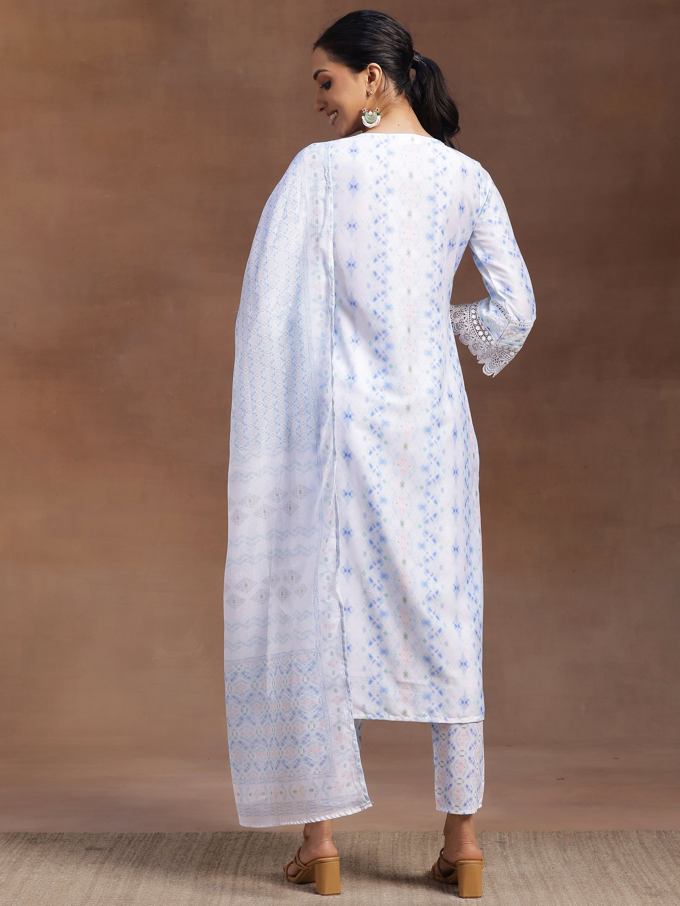 Sky Blue Embroidered Cotton Blend Straight Suit With Dupatta