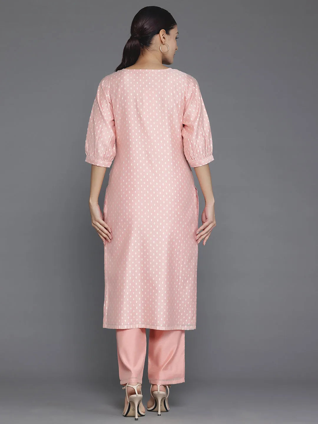 Peach Printed Chanderi Silk Straight Kurta Set