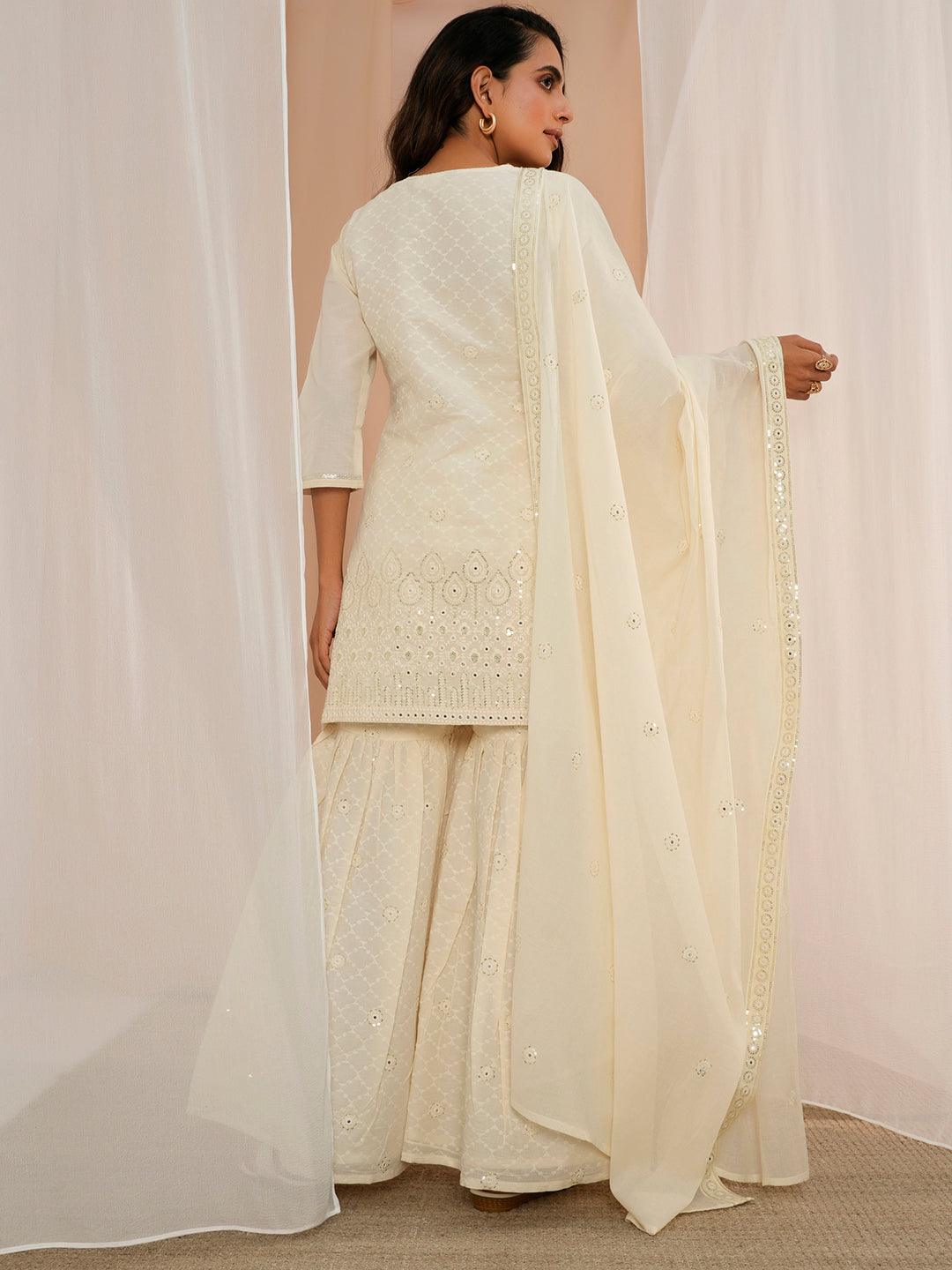 Off White Embroidered Cotton Straight Suit With Dupatta