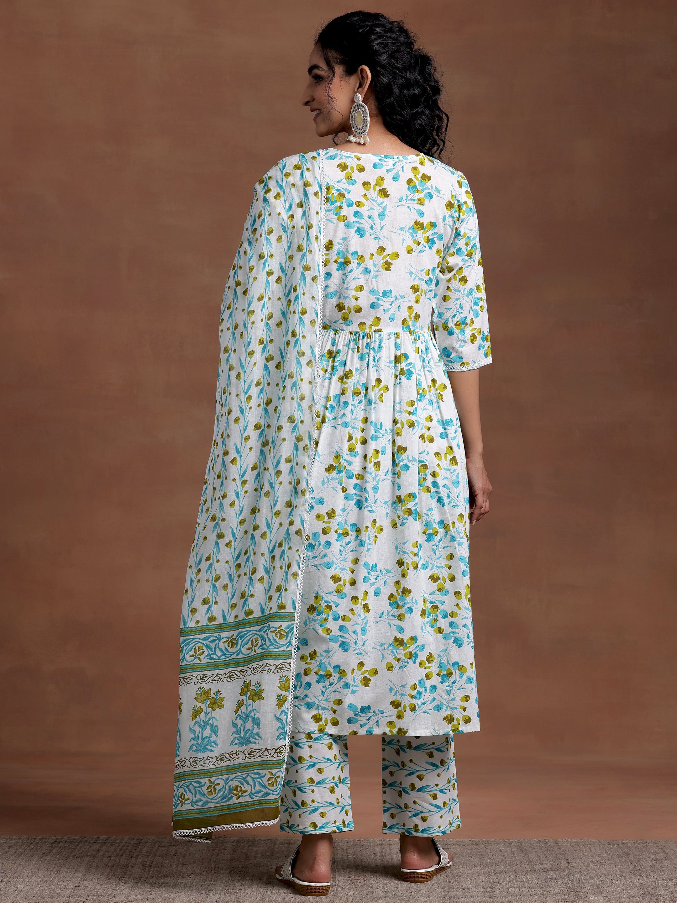 Off White Printed Cotton A-Line Kurta With Palazzos & Dupatta