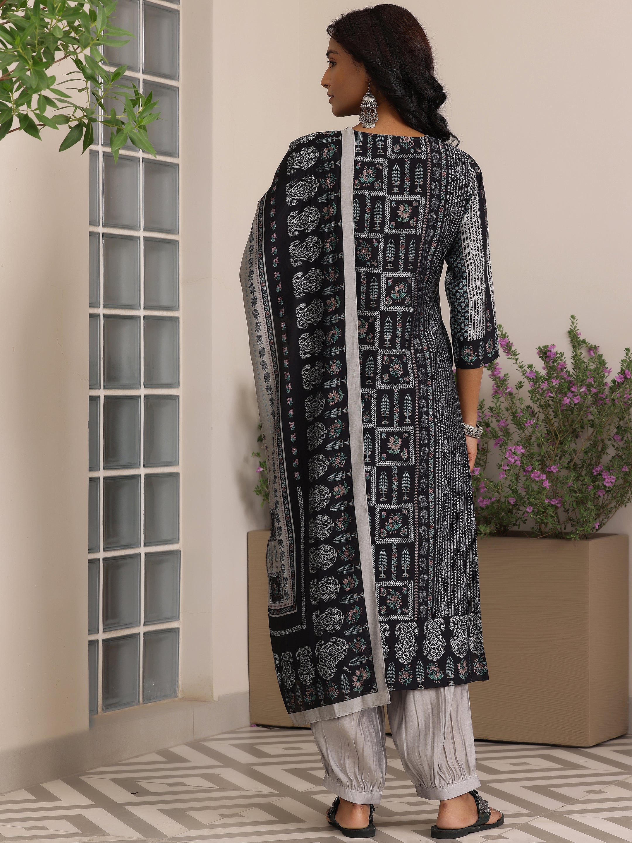 Black Printed Cotton Straight Suit With Dupatta