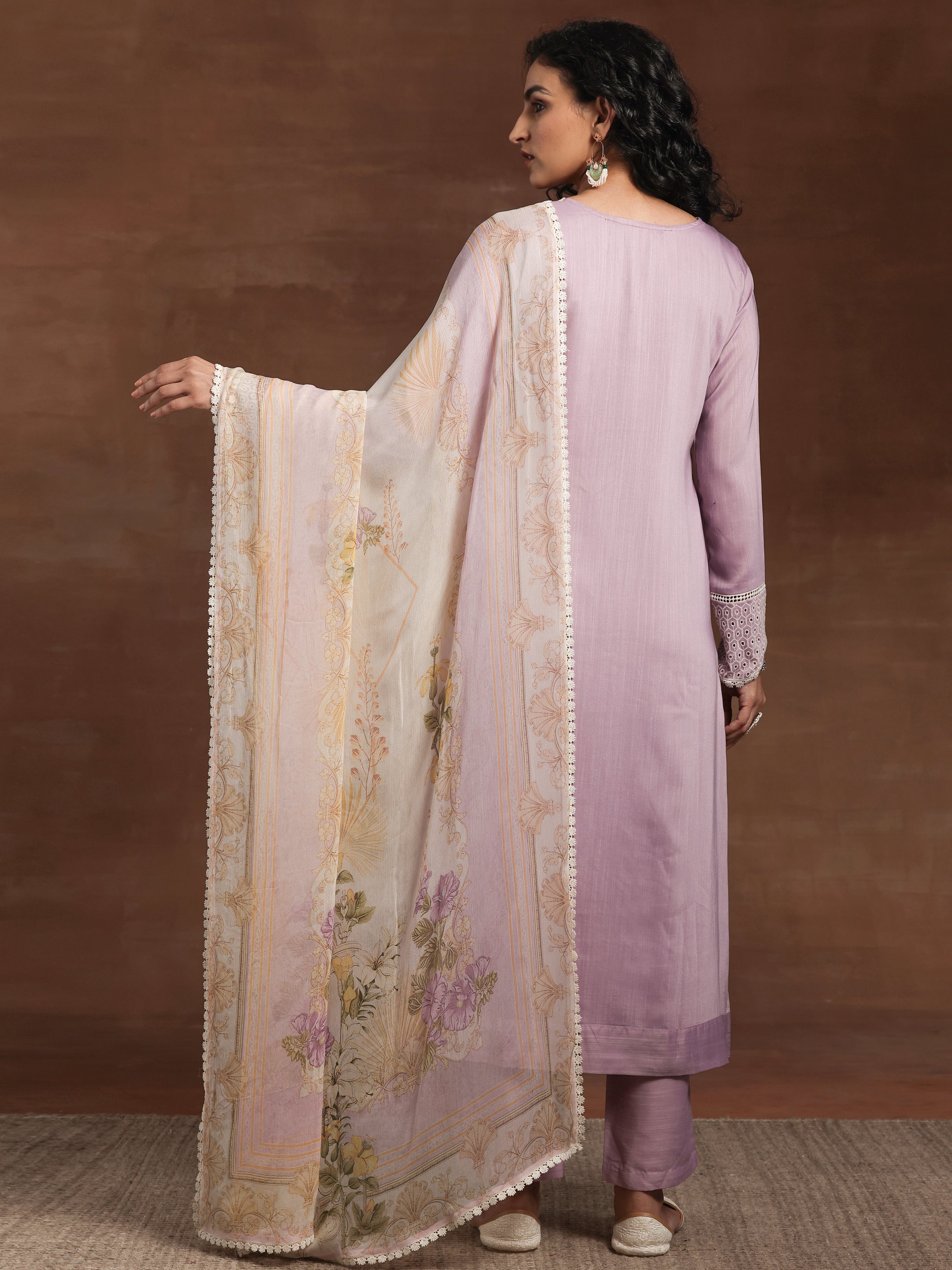 Lilac Embroidered Silk Blend Straight Suit With Dupatta