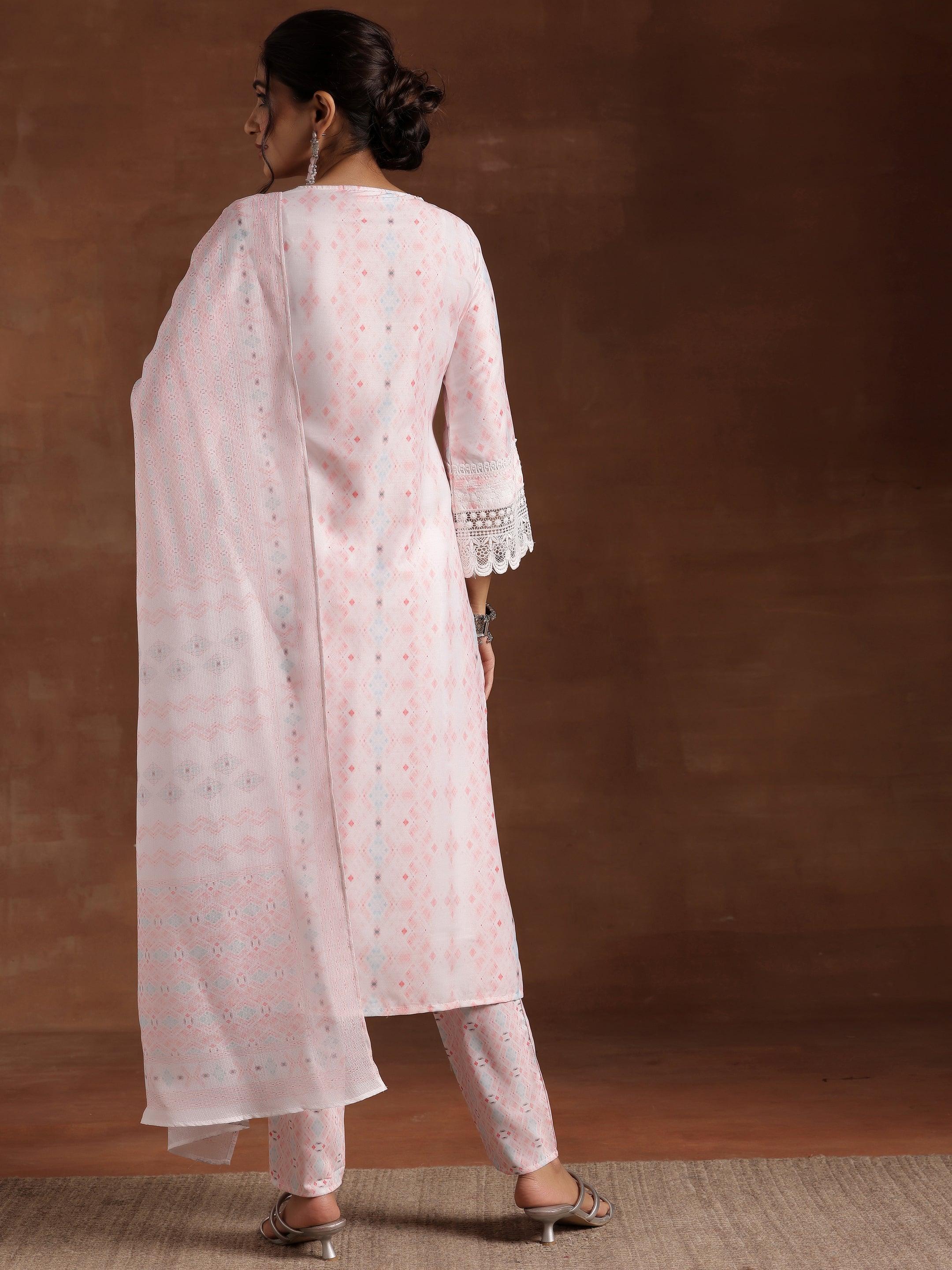 Peach Embroidered Cotton Blend Straight Suit With Dupatta