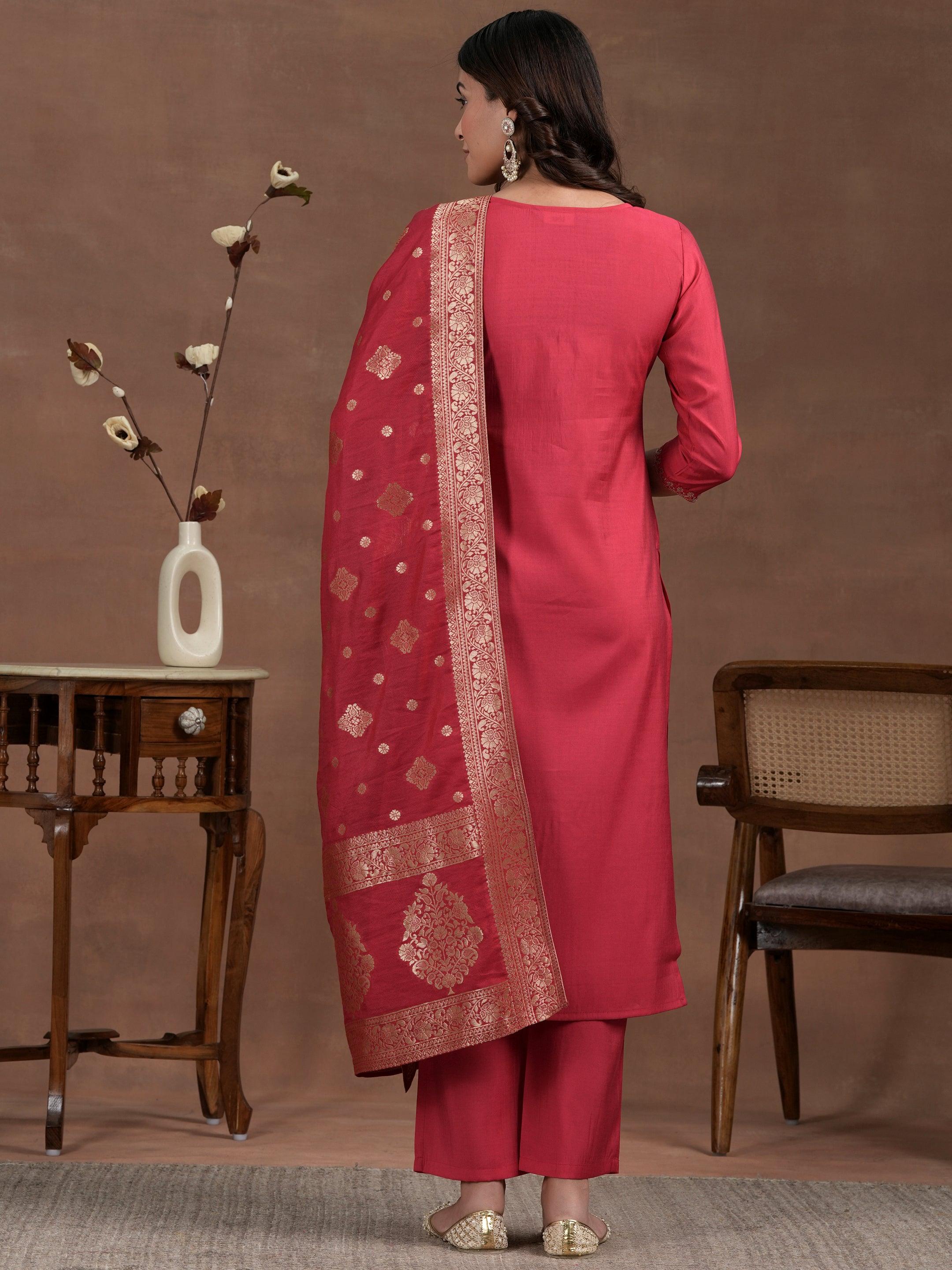 Pink Yoke Design Silk Blend Straight Suit With Dupatta