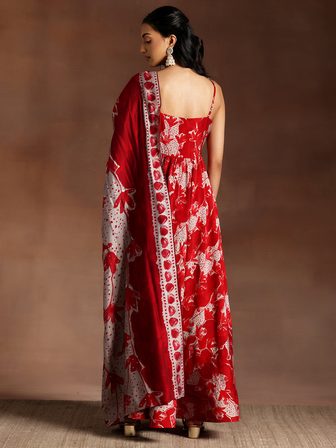 Red Printed Silk Blend Anarkali Suit With Dupatta