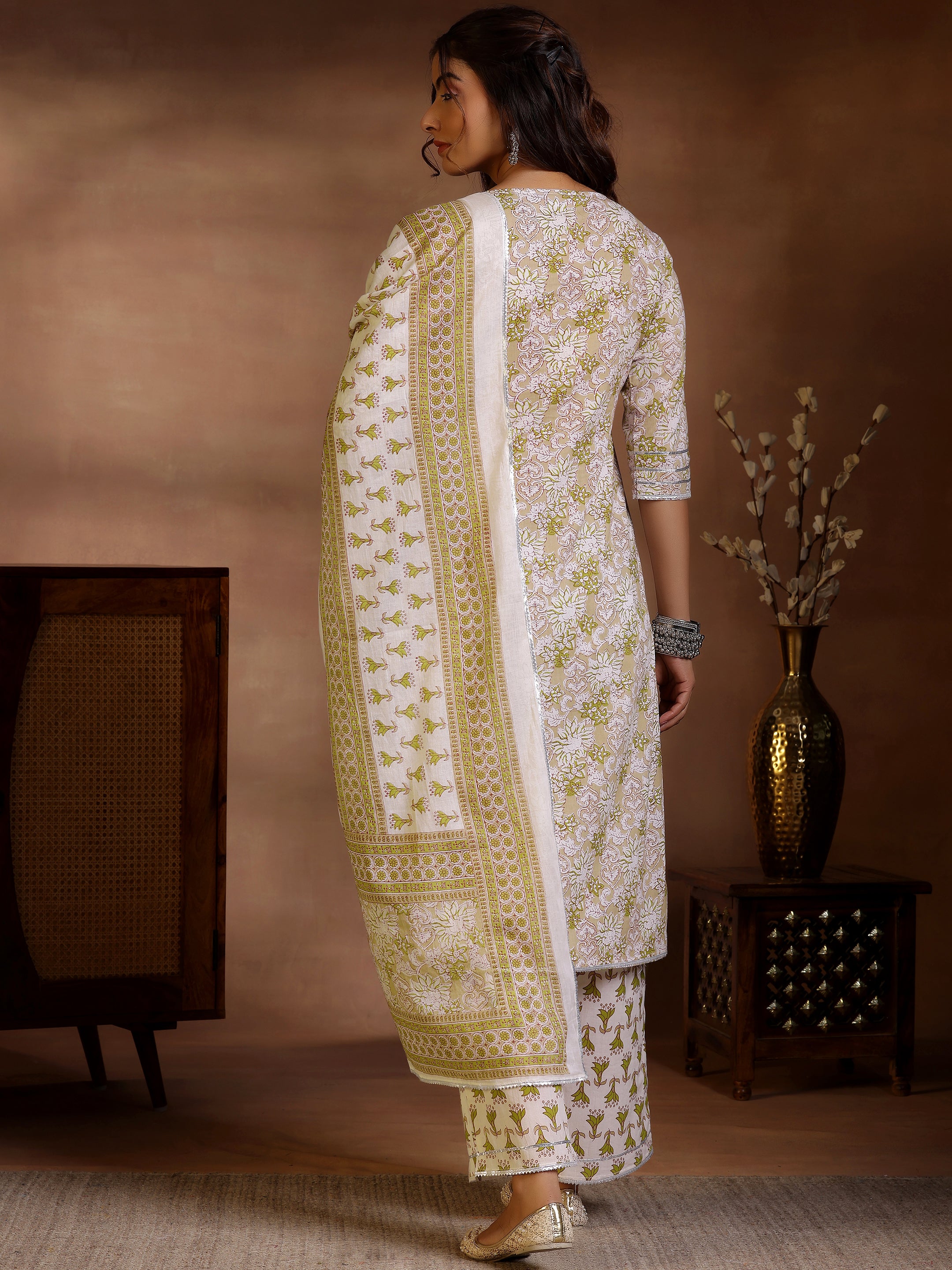 Beige Printed Cotton Straight Suit With Dupatta