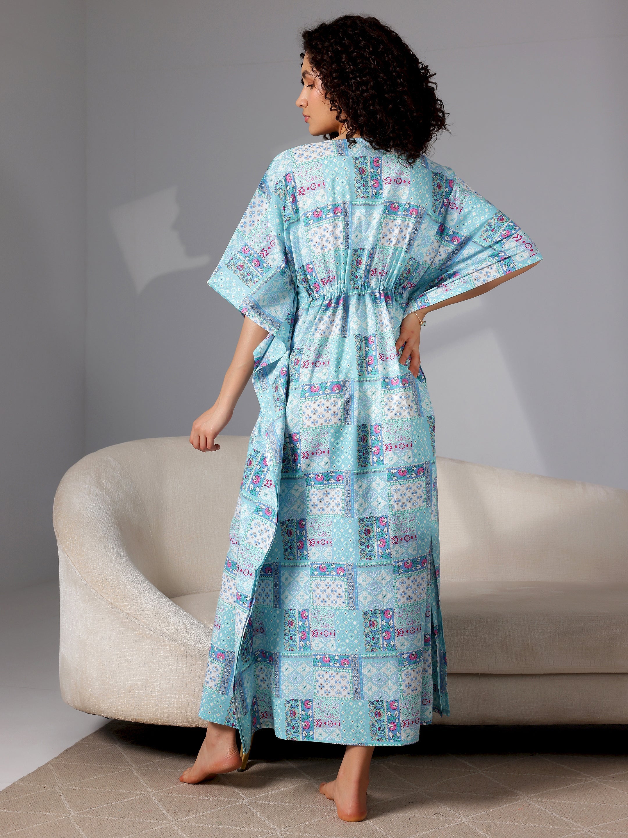 Blue Printed Cotton Kaftan Night Dress