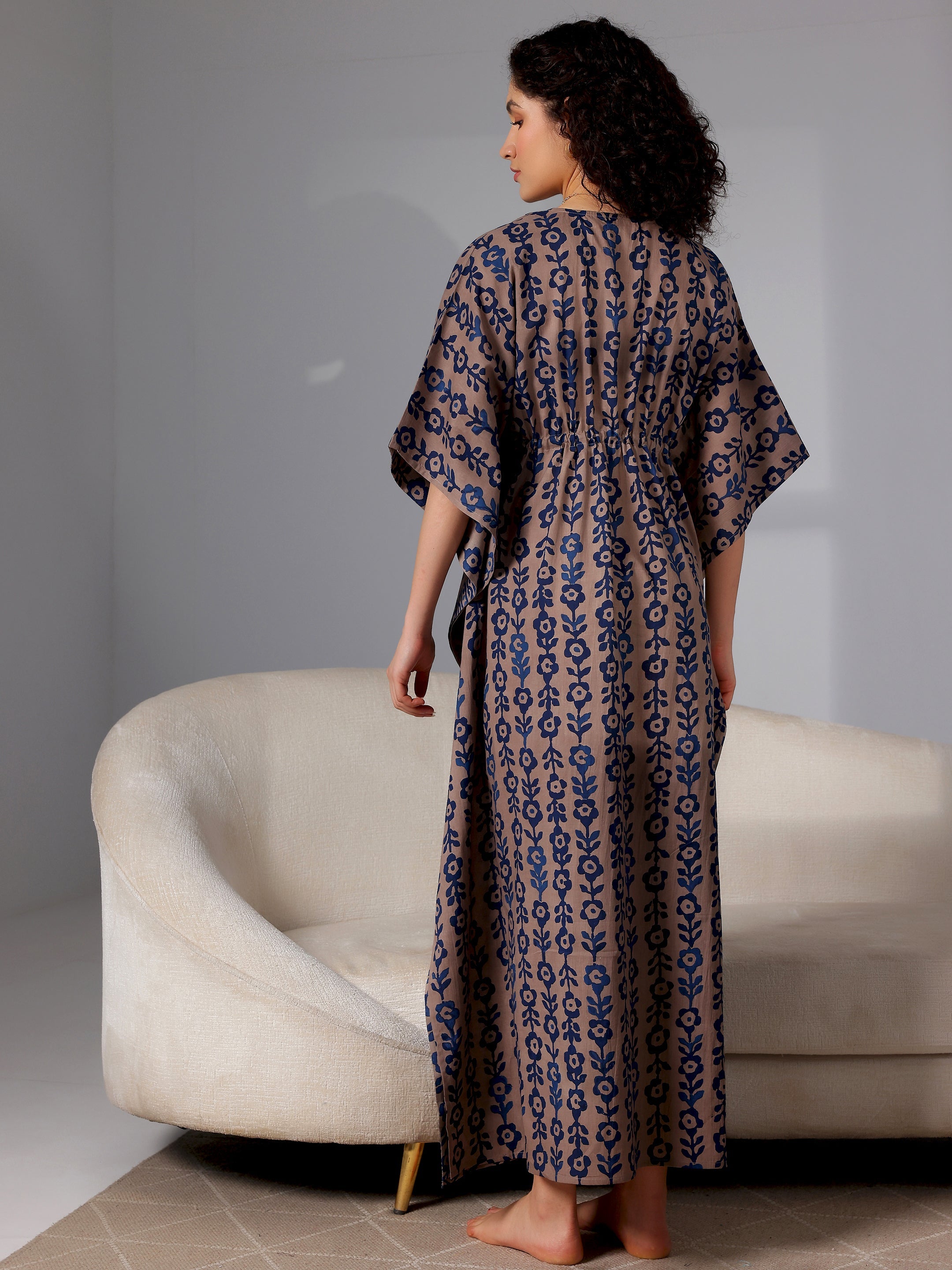 Blue Printed Cotton Kaftan Night Dress