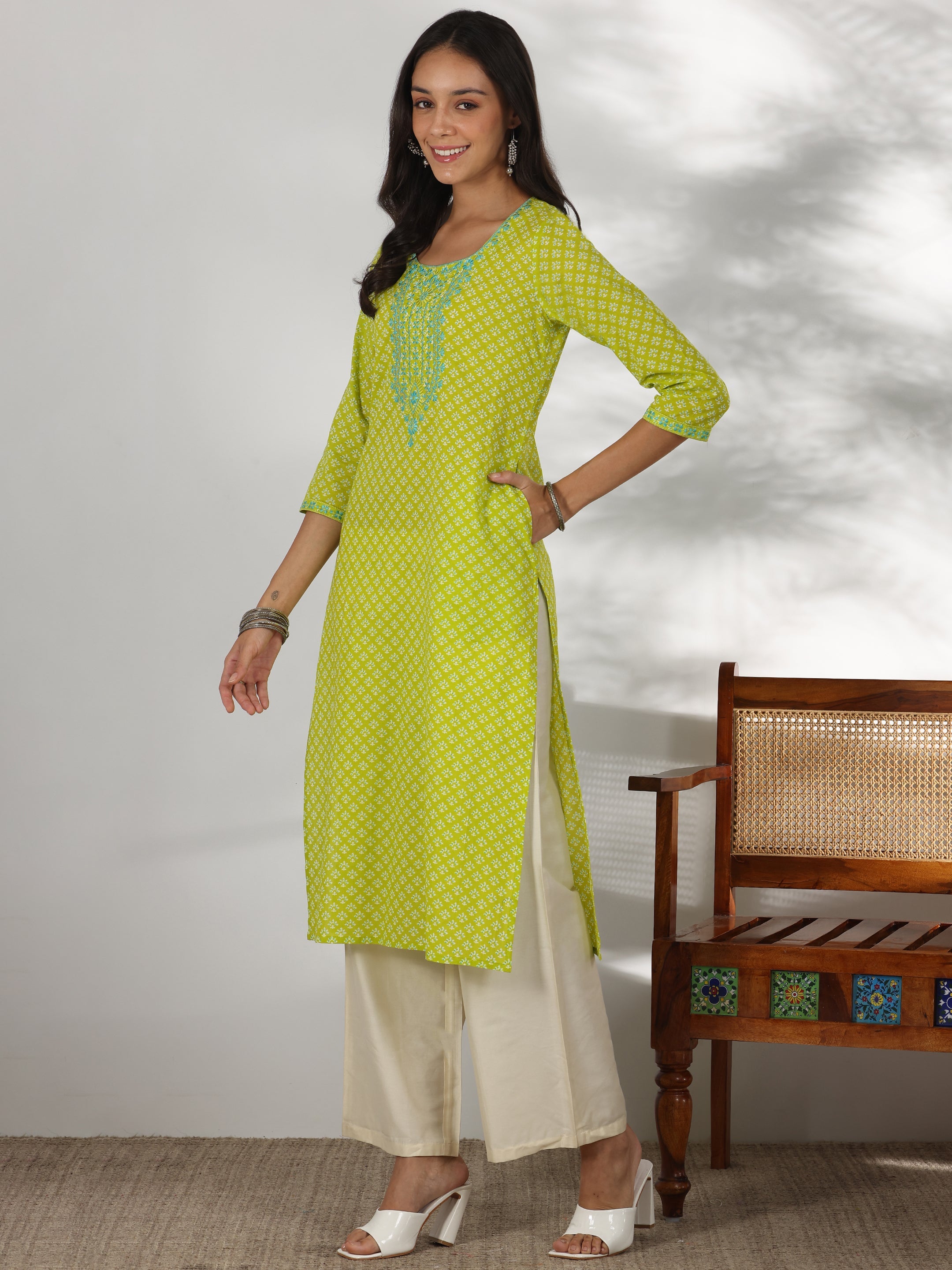 Green Printed Cotton Straight Kurta