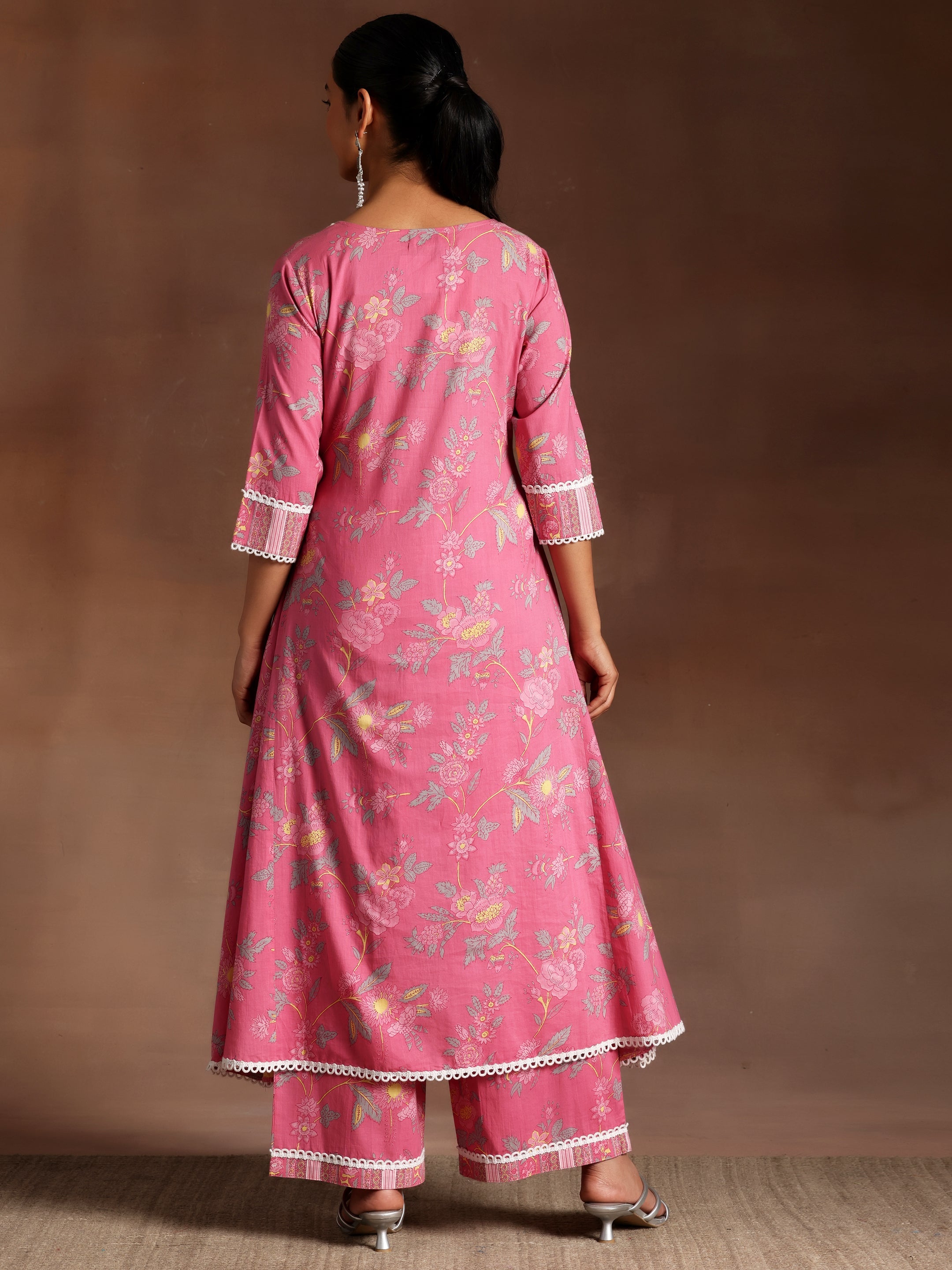 Saahiti Pink Printed Cotton A-Line Kurta With Palazzos