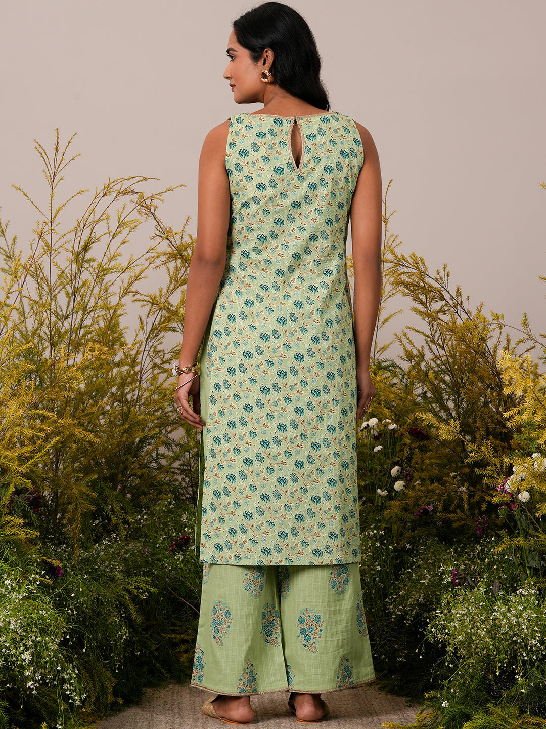 Green Printed Cotton Straight Kurta Set