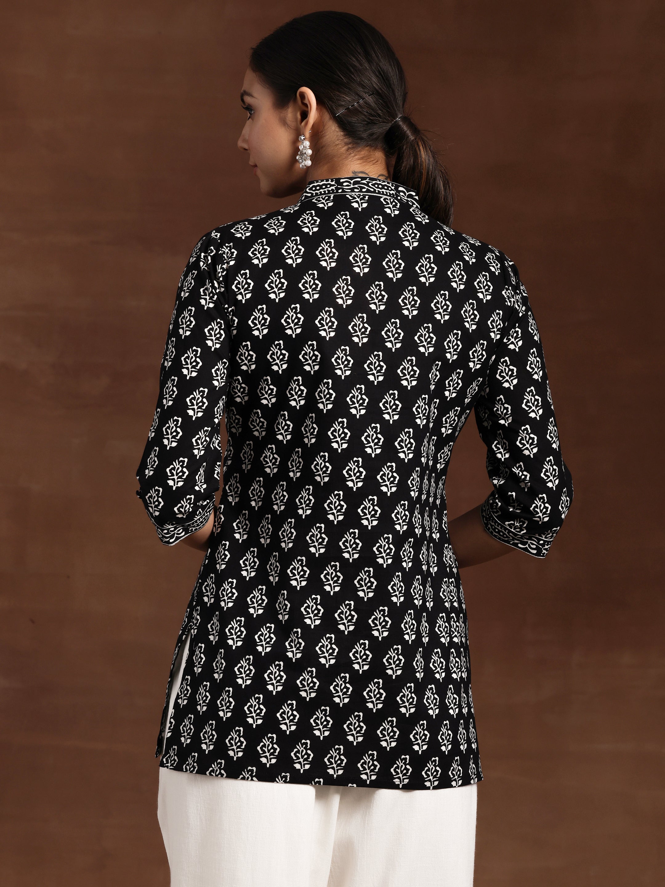 Black Printed Cotton A-Line Kurti