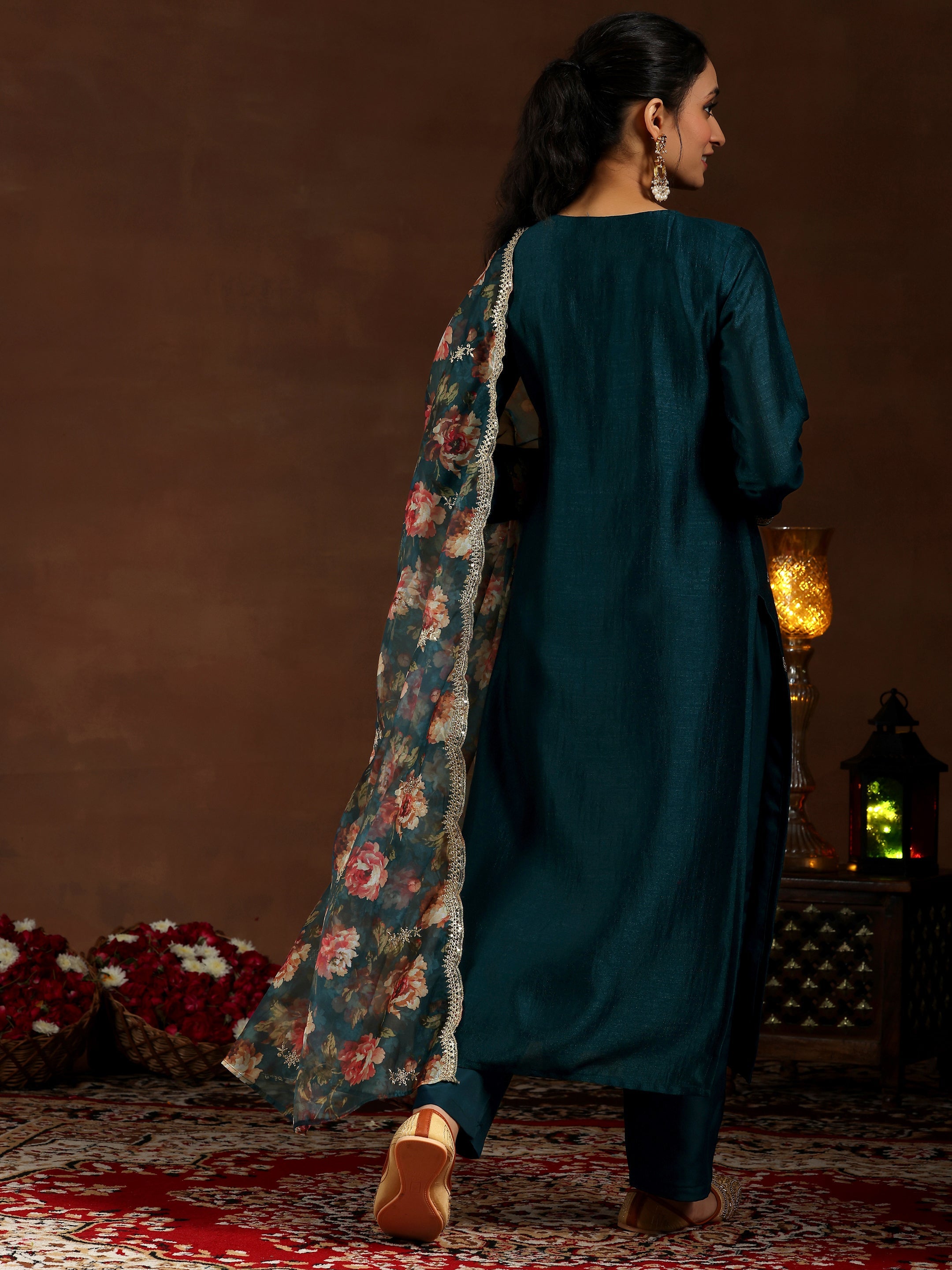 Teal Embroidered Silk Blend Straight Suit With Dupatta