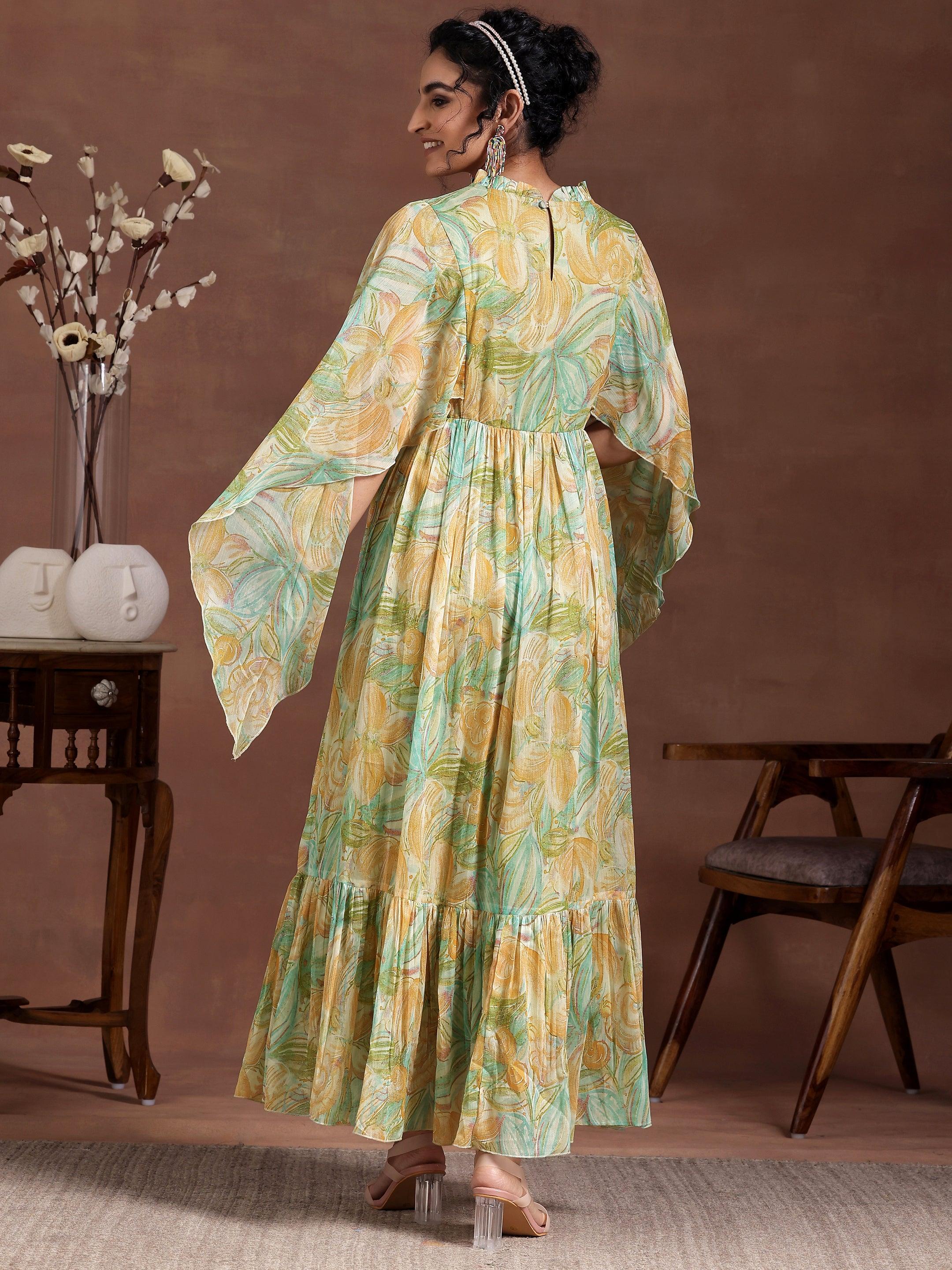 Green Printed Chiffon A-Line Dress