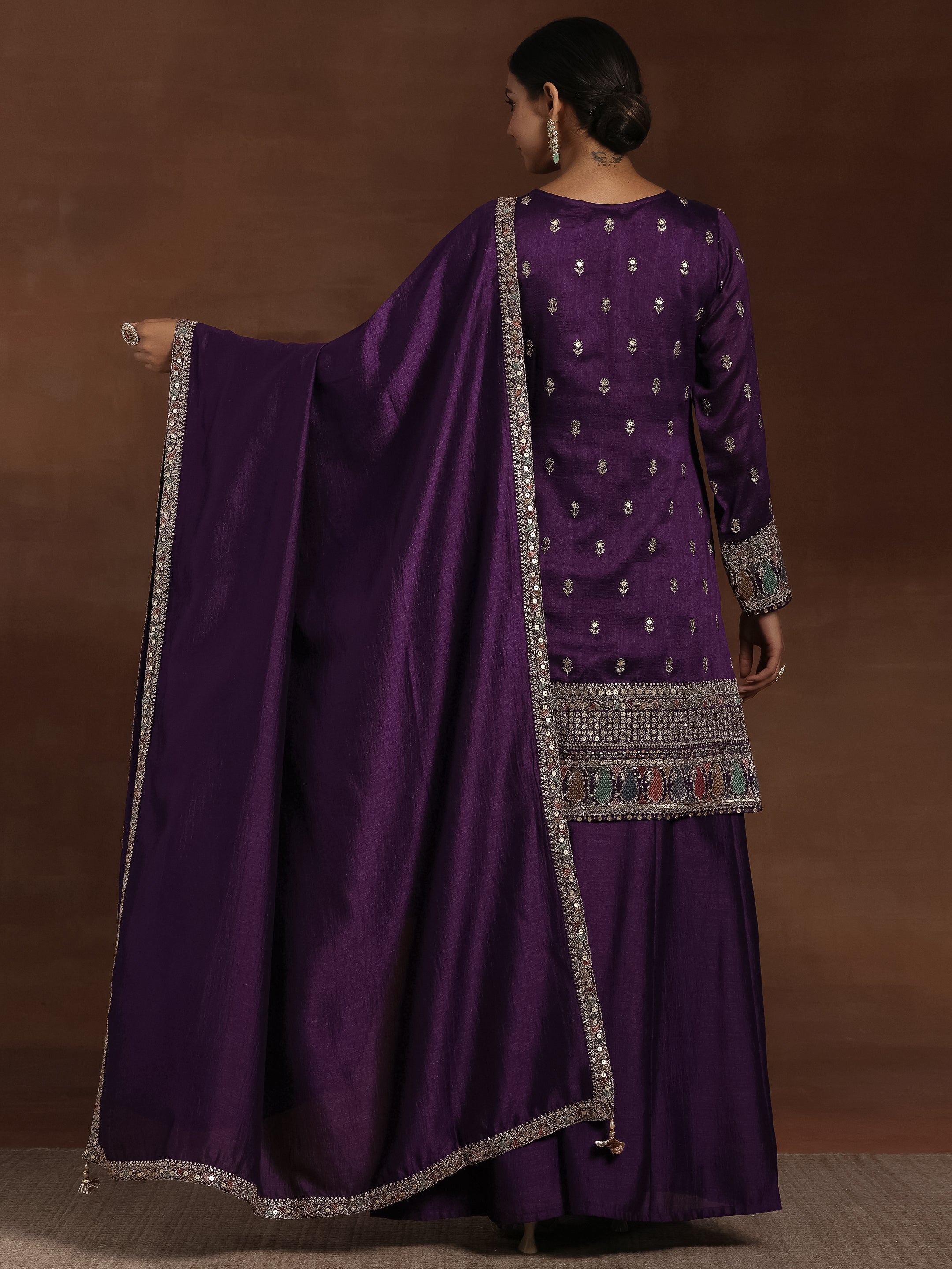 Adaa Purple Embroidered Silk Blend Straight Kurta With Palazzos & Dupatta