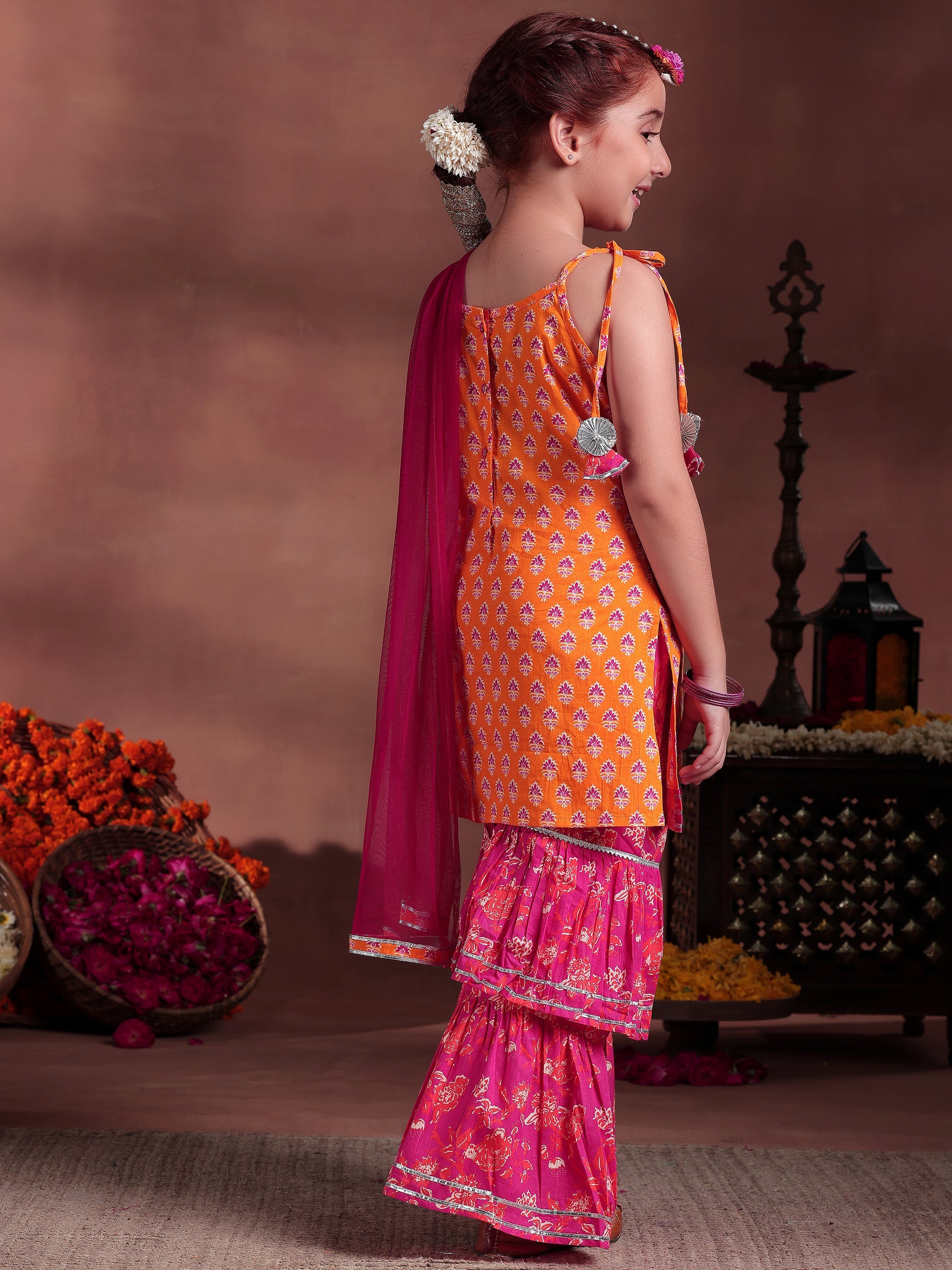 Kids Orange Printed Cotton Straight Suit With Dupatta