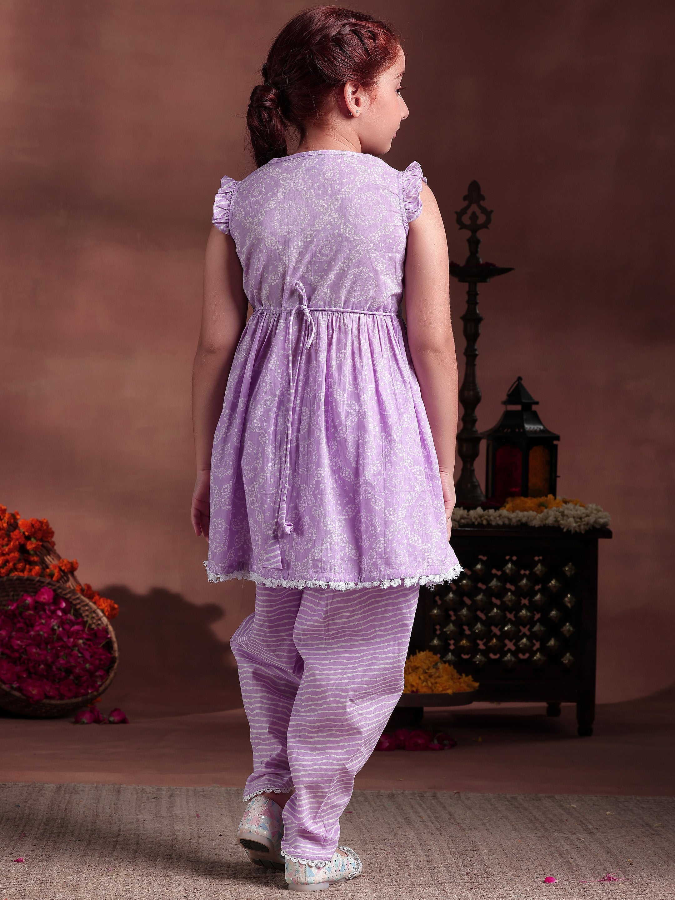 Kids Purple Printed Cotton Straight Suit With Dupatta