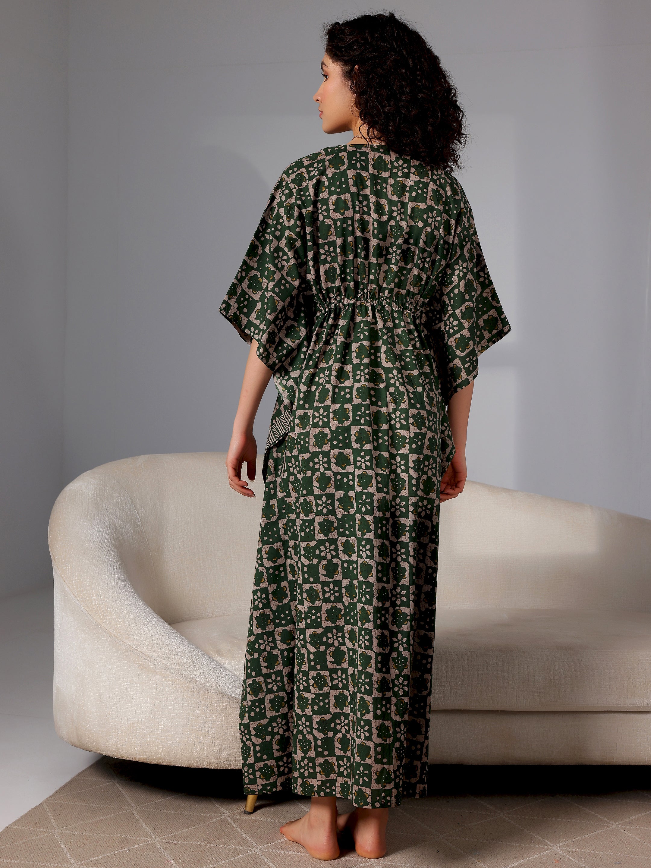 Green Printed Cotton Kaftan Night Dress