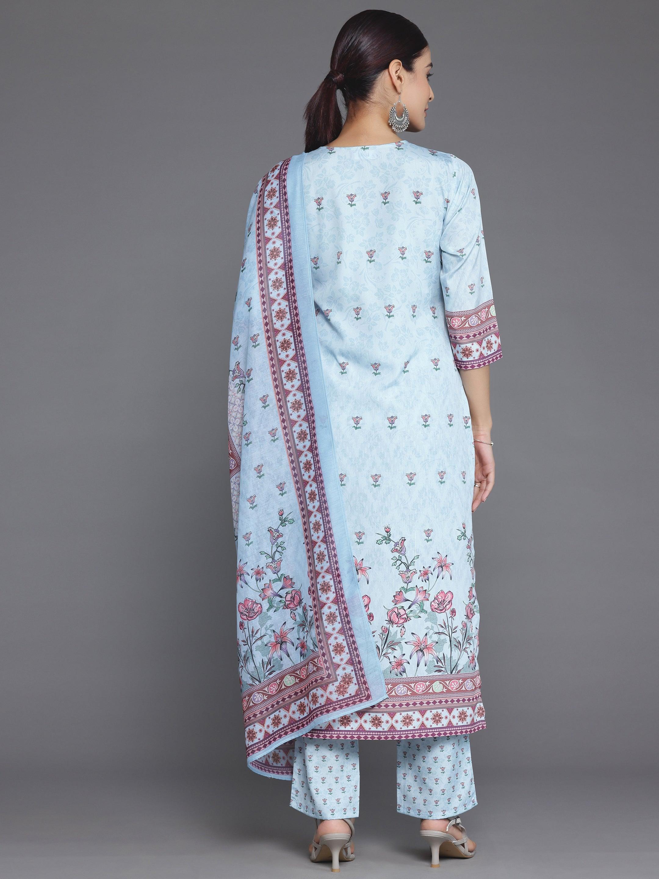 Blue Printed Poly Crepe Straight Suit With Dupatta