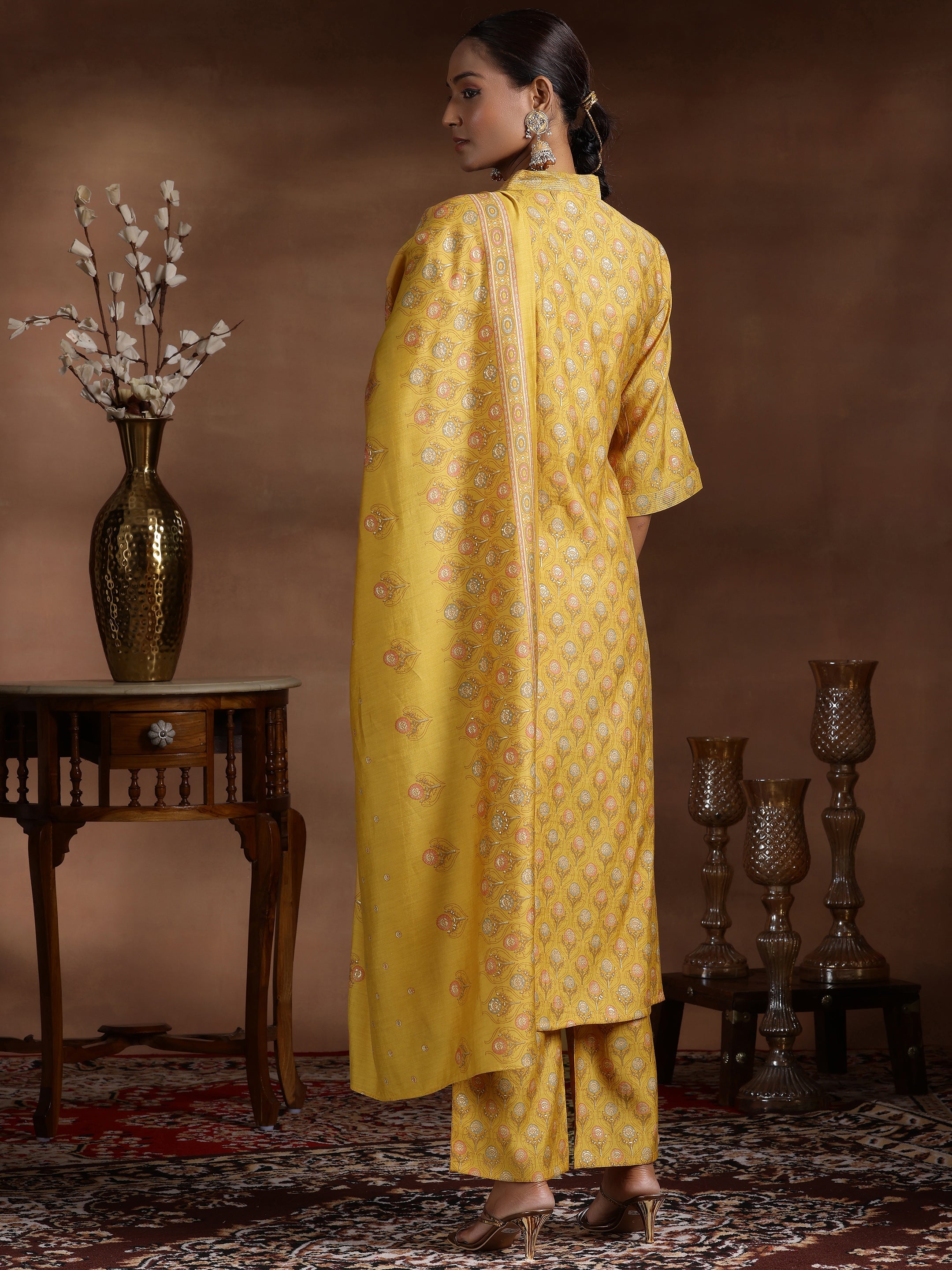 Mustard Printed Silk Blend Straight Suit With Dupatta