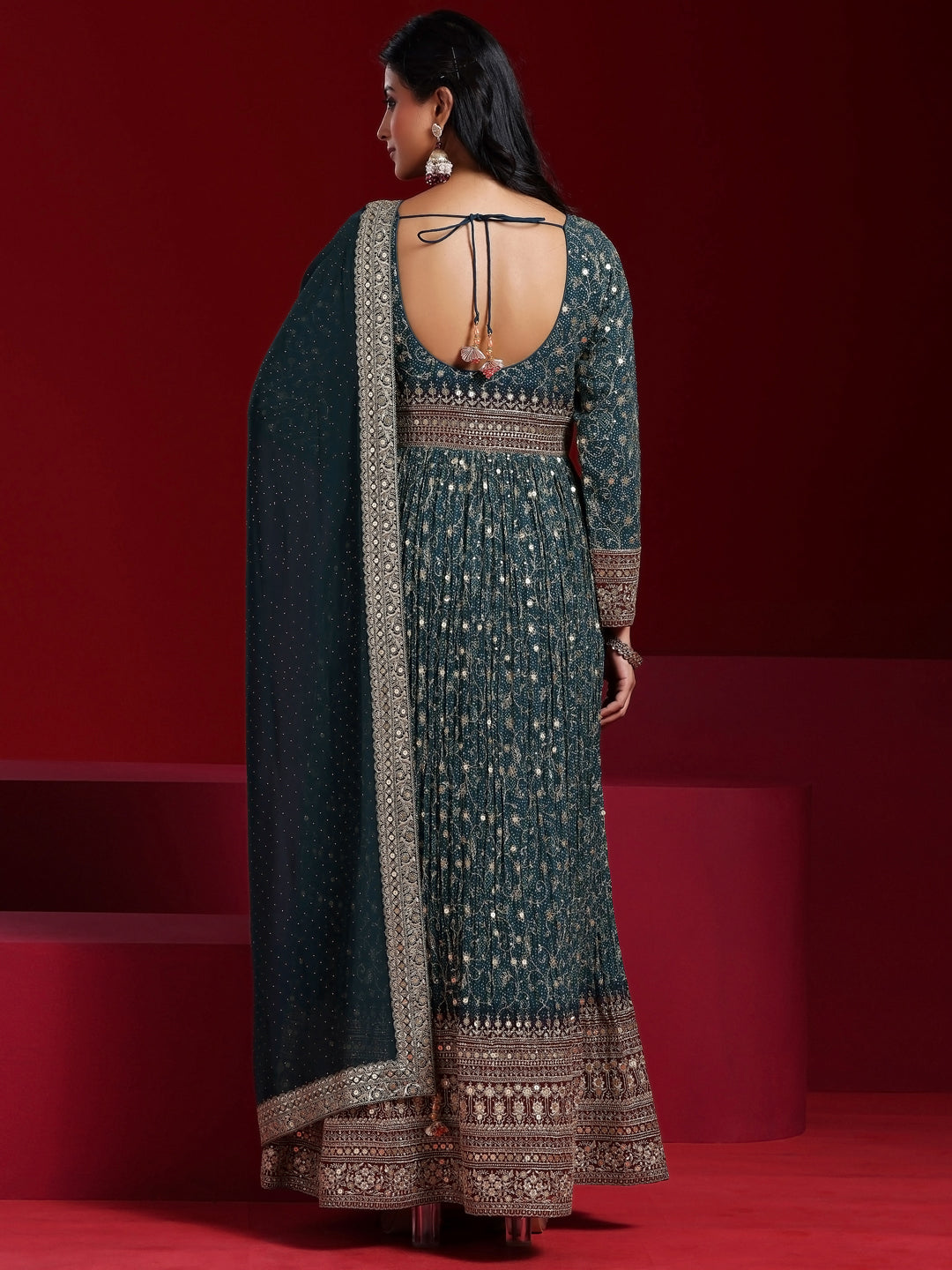 Teal Blue Printed Georgette A-Line Kurta With Trousers & Dupatta