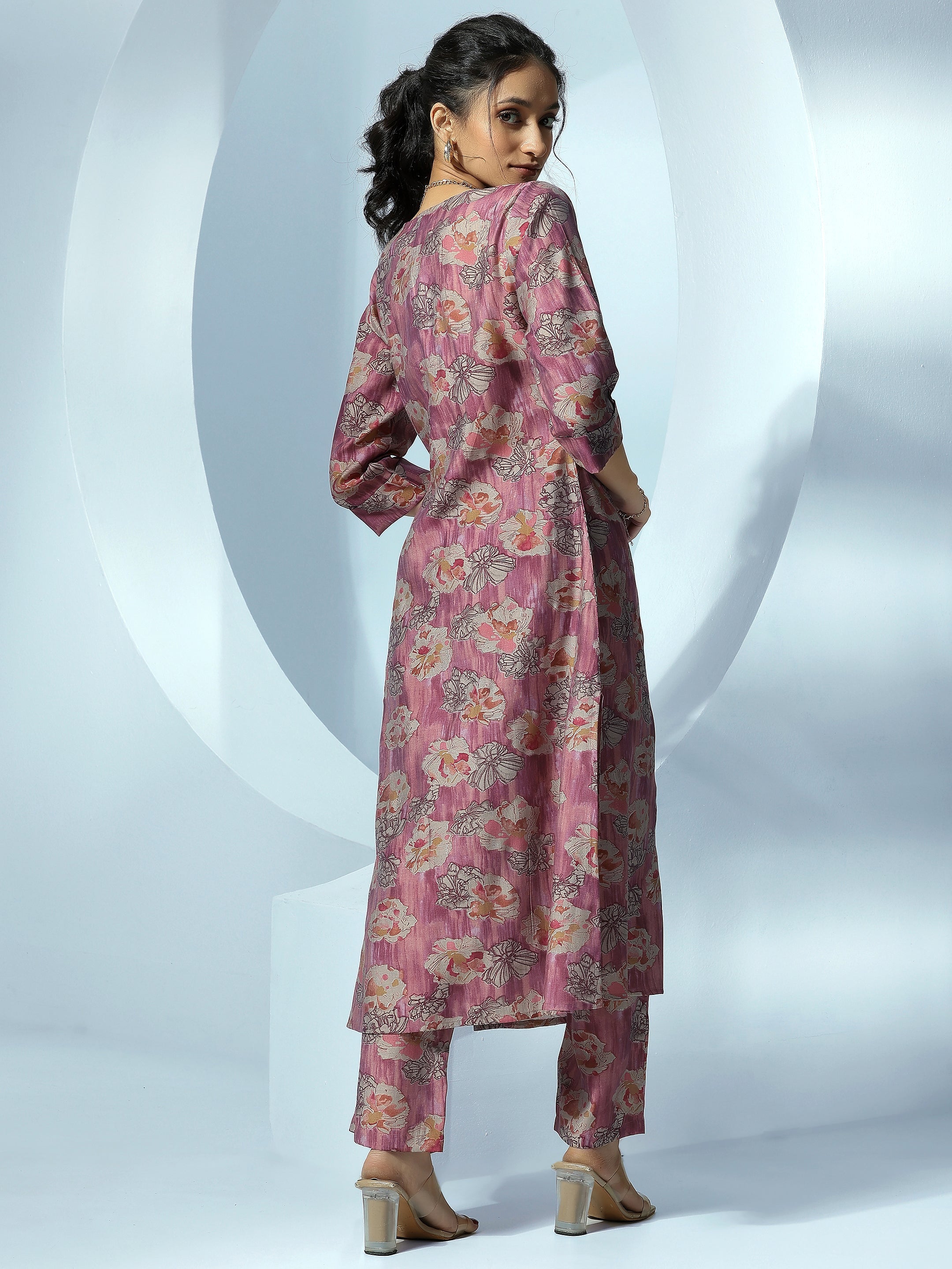 Mauve Printed Silk Blend Kurta Set