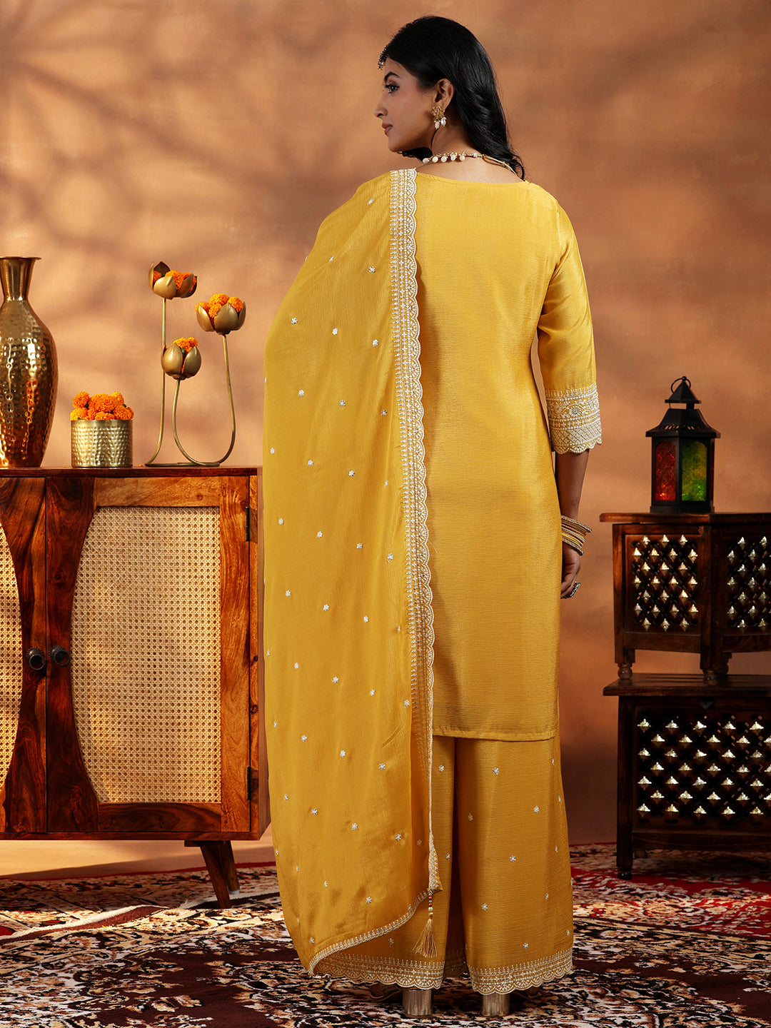 Mustard Embroidered Silk Blend Straight Suit With Dupatta