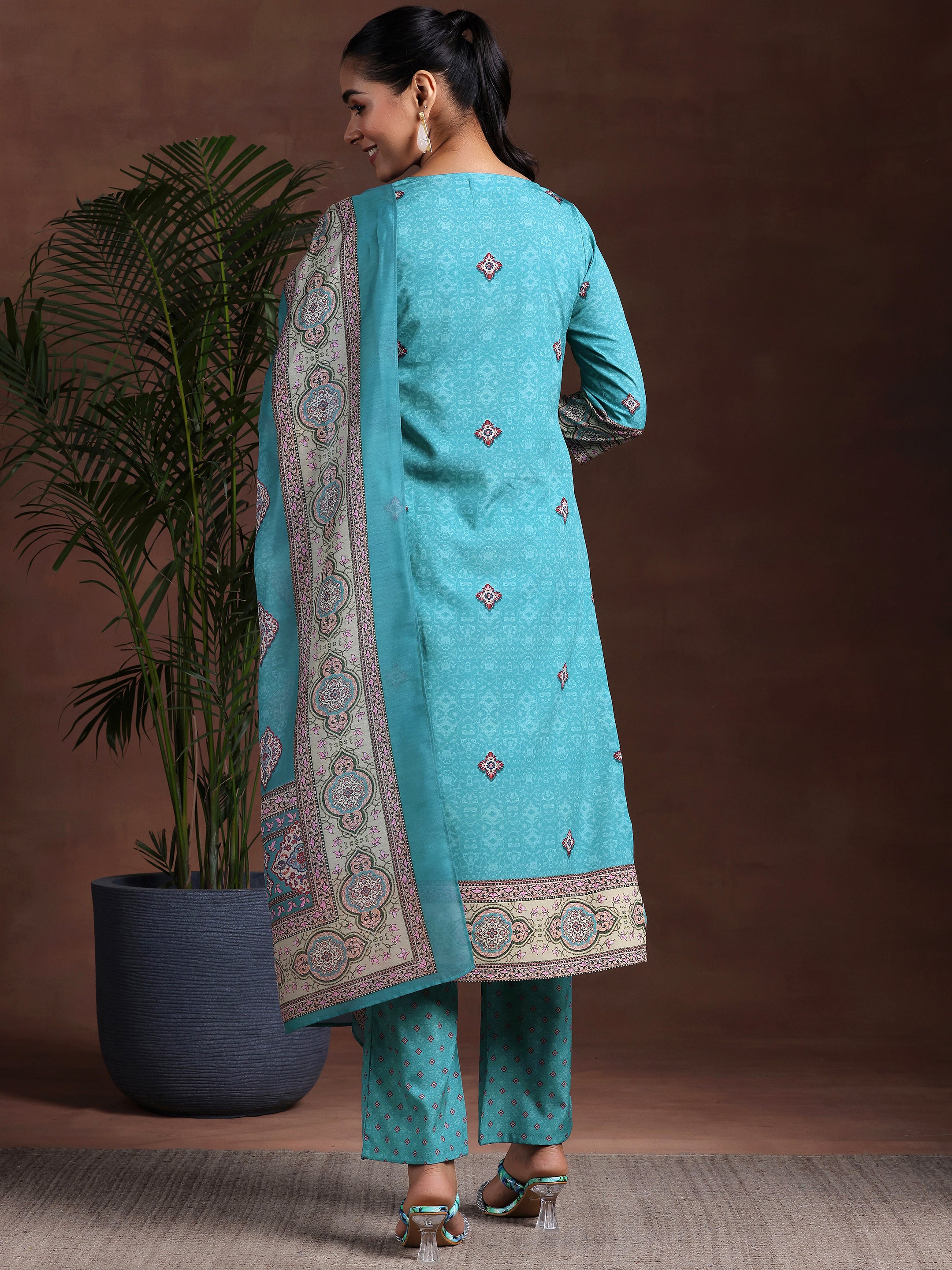 Blue Printed Poly Crepe Straight Suit With Dupatta