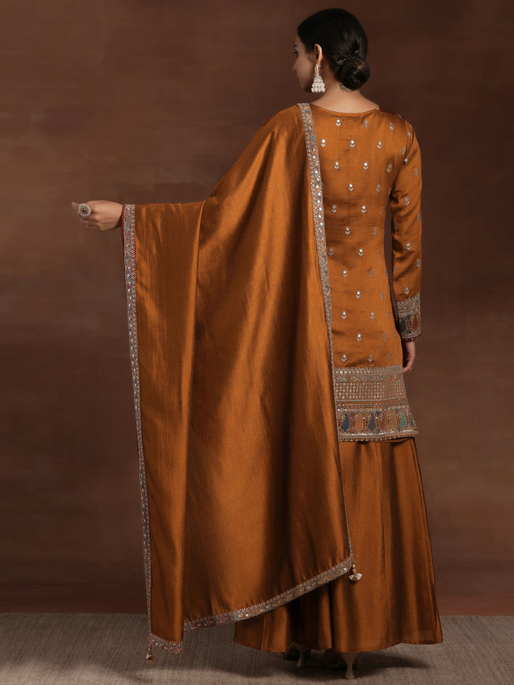 Rust Embroidered Silk Blend Straight Kurta With Palazzos & Dupatta