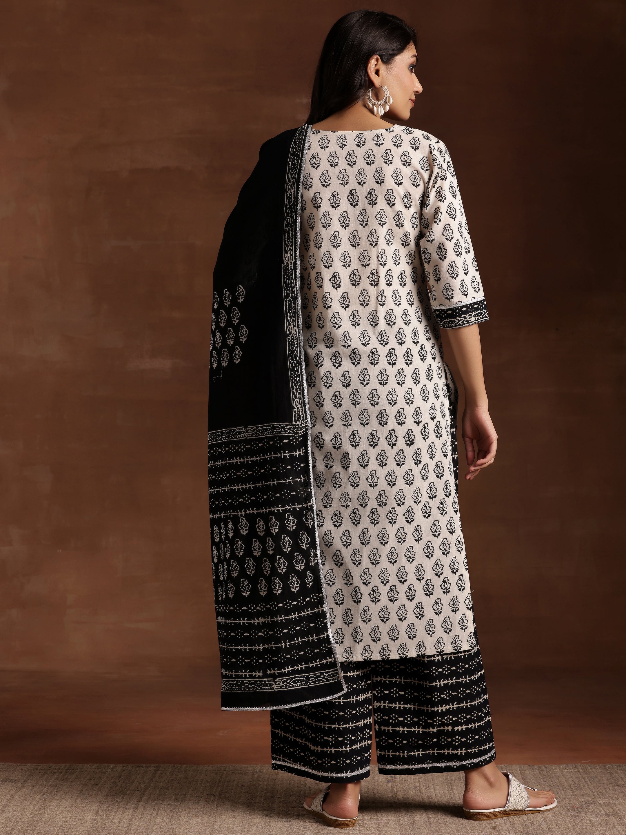 Monochrome Printed Cotton Straight Suit With Dupatta