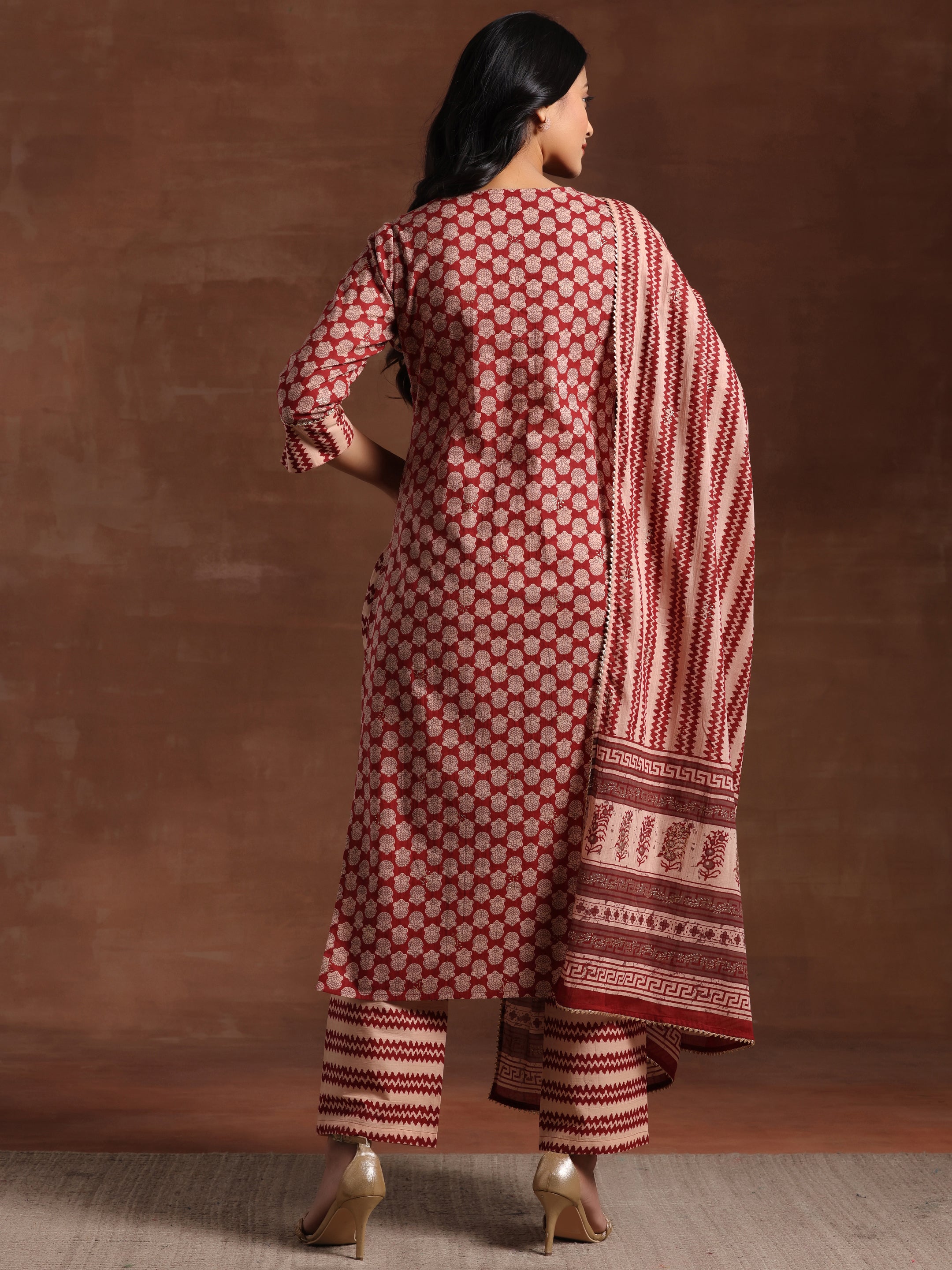 Maroon Printed Cotton Straight Suit With Dupatta