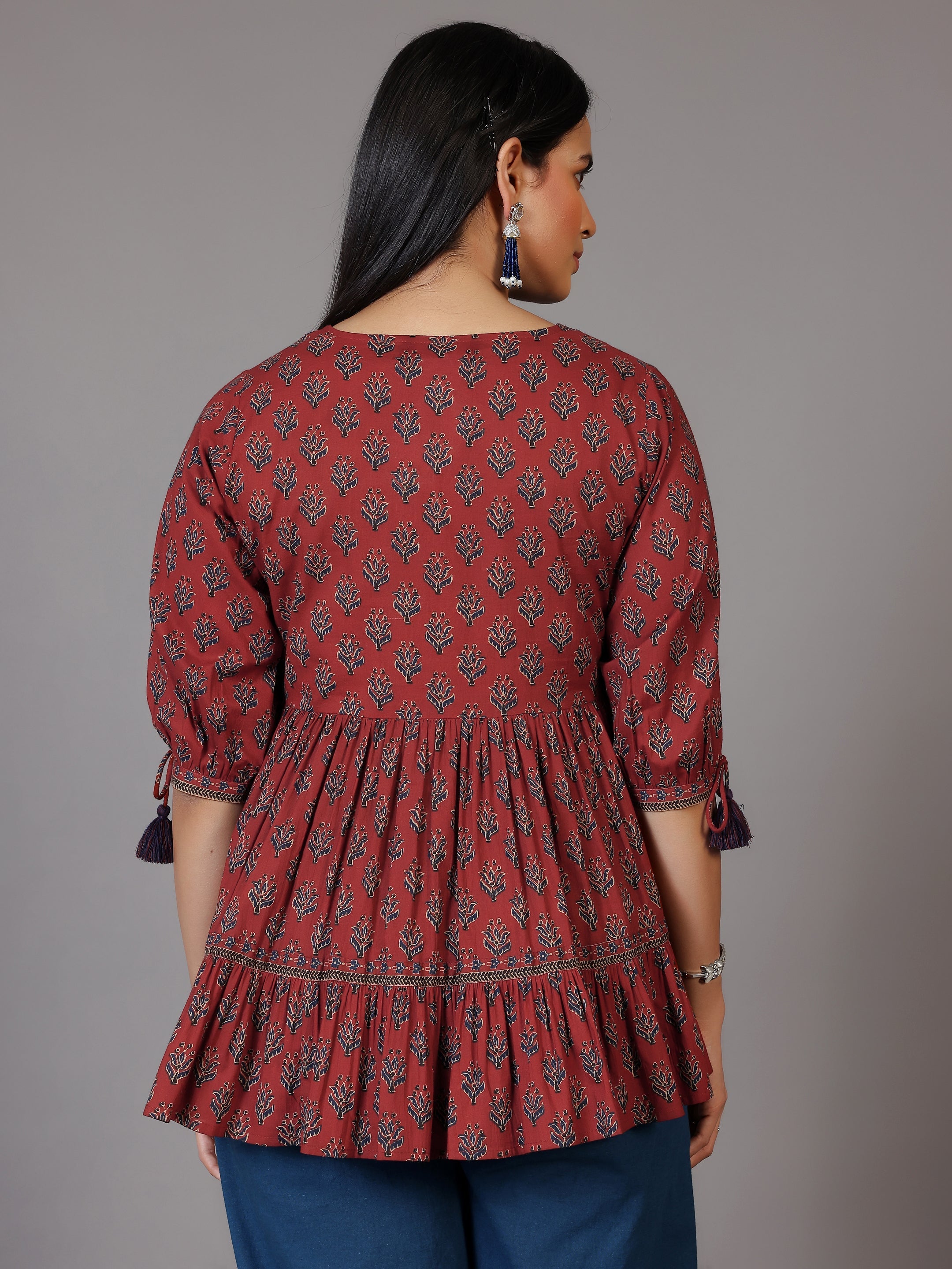 Rust Printed Cotton A-Line Kurti