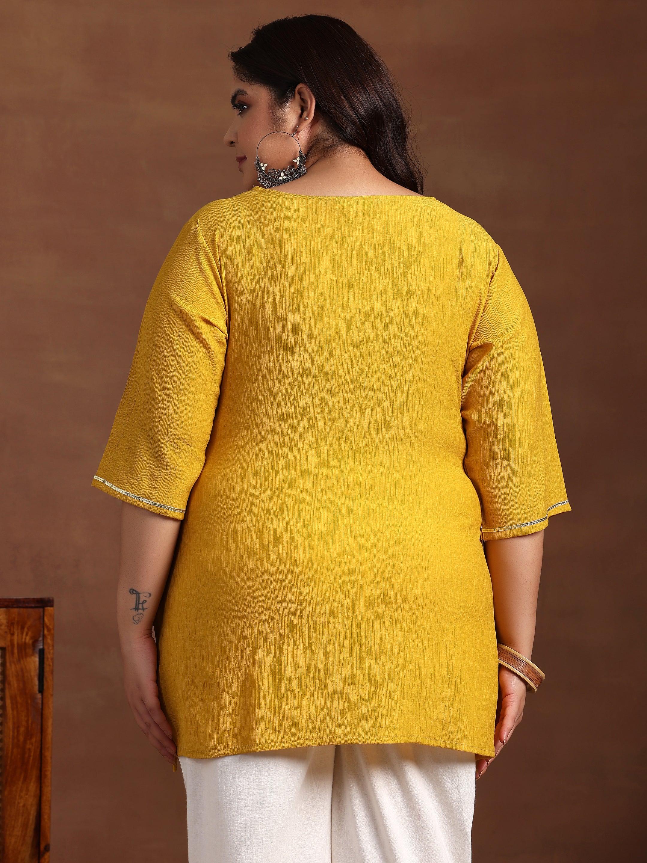 Plus Size Mustard Woven Design Cotton Blend Straight Kurti