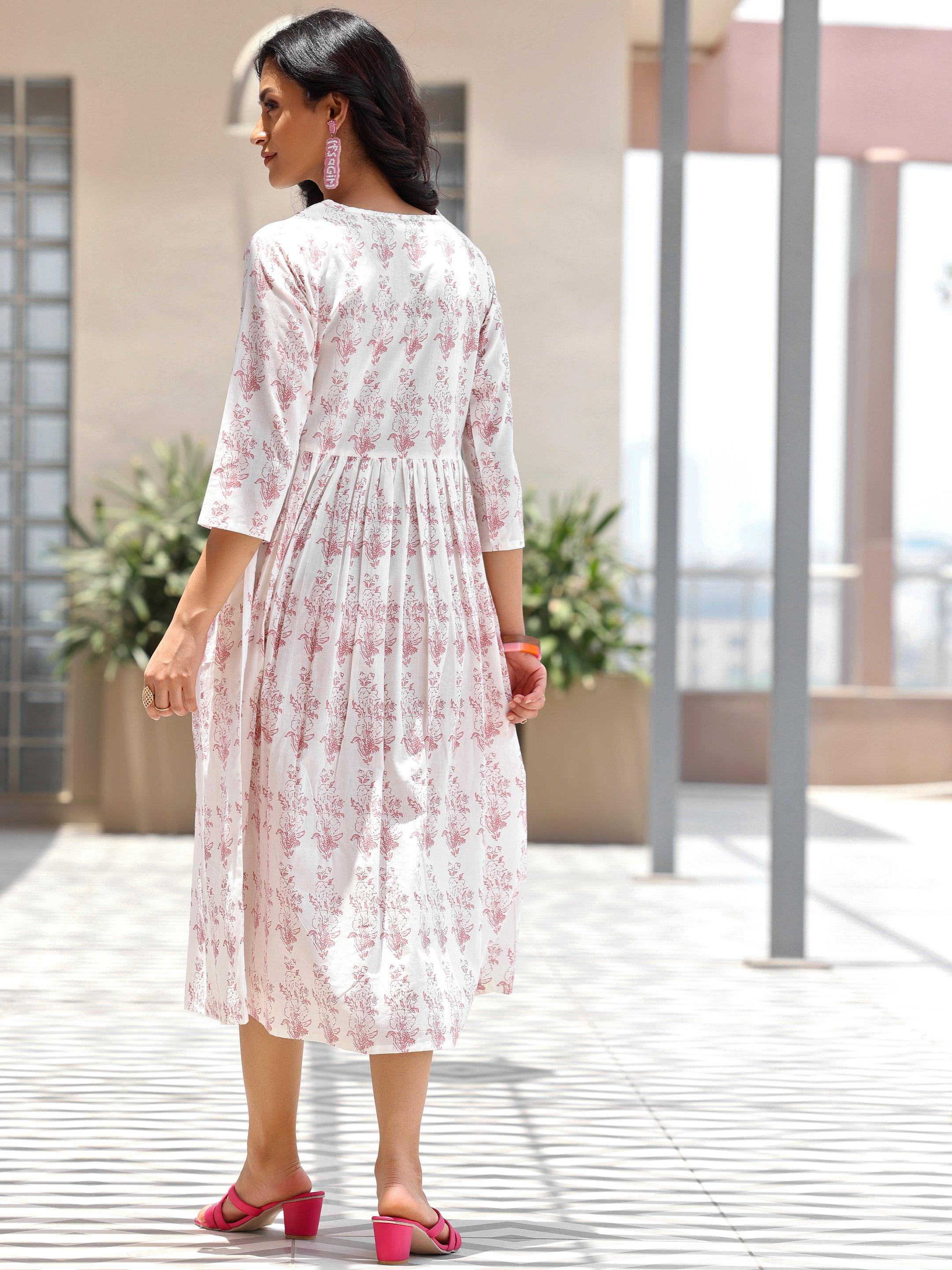 Off White Printed Cotton Fit and Flare Dress