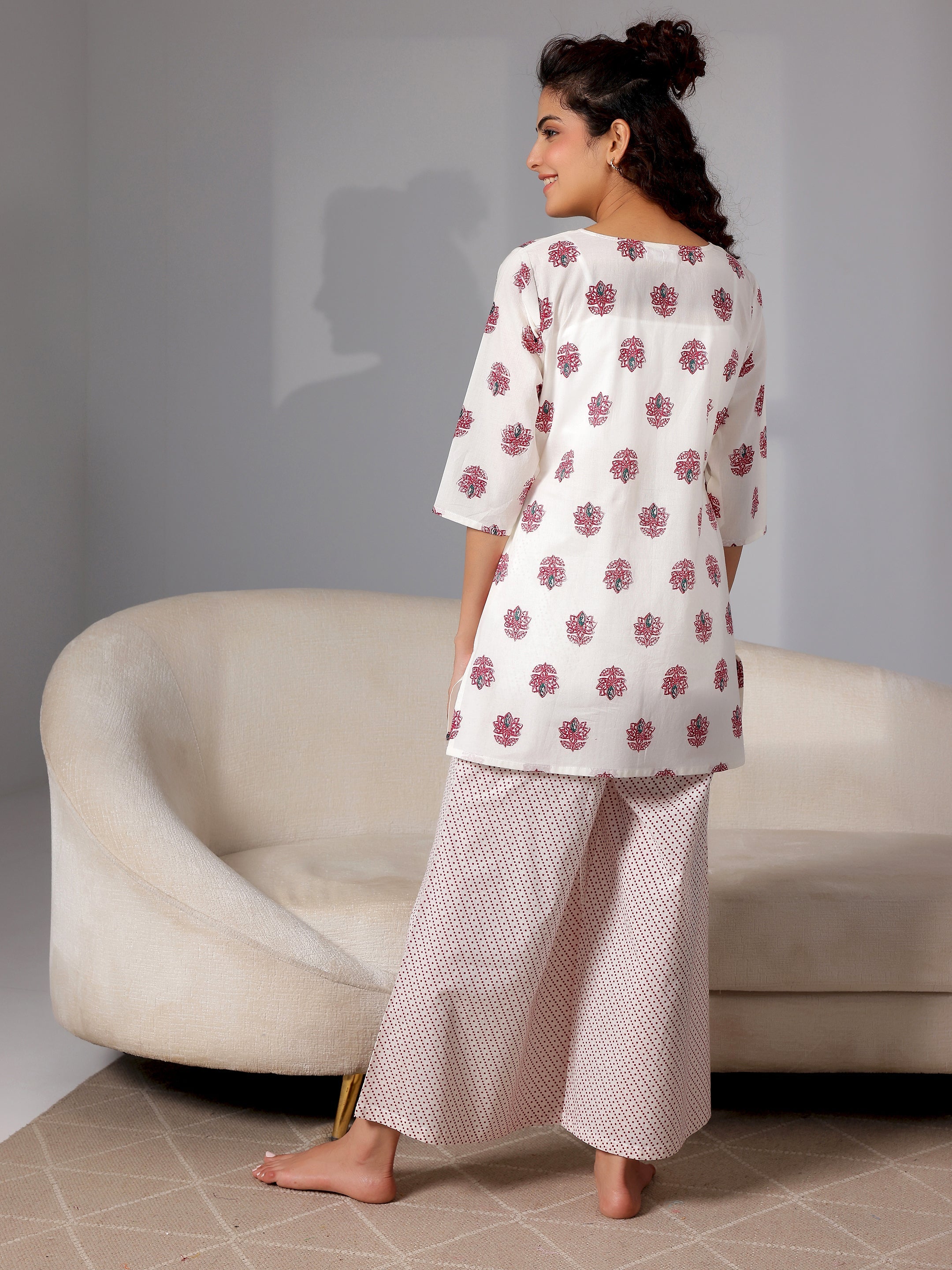 Cream Printed Cotton Night Suits