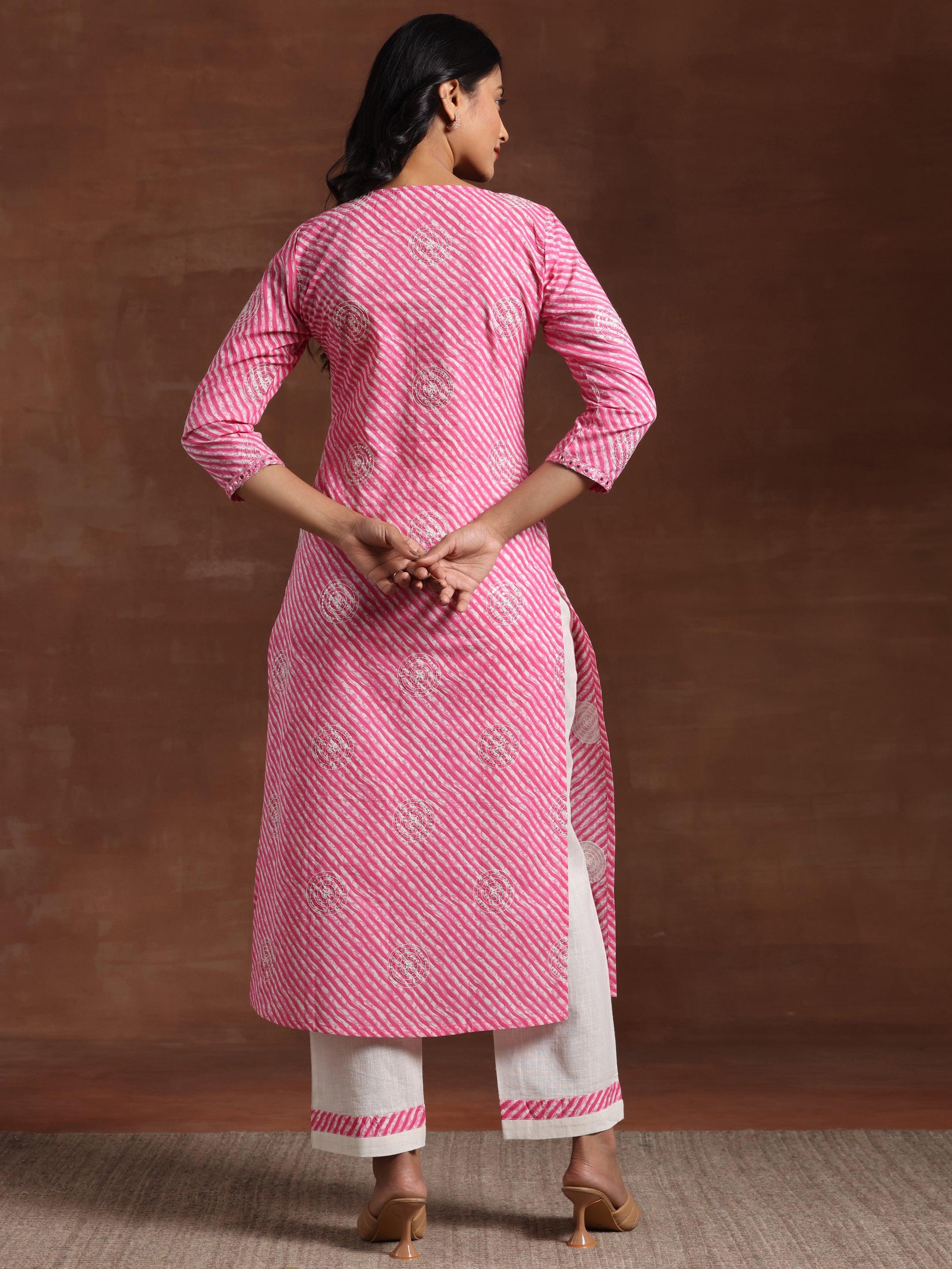 Pink Printed Cotton Straight Kurta Set