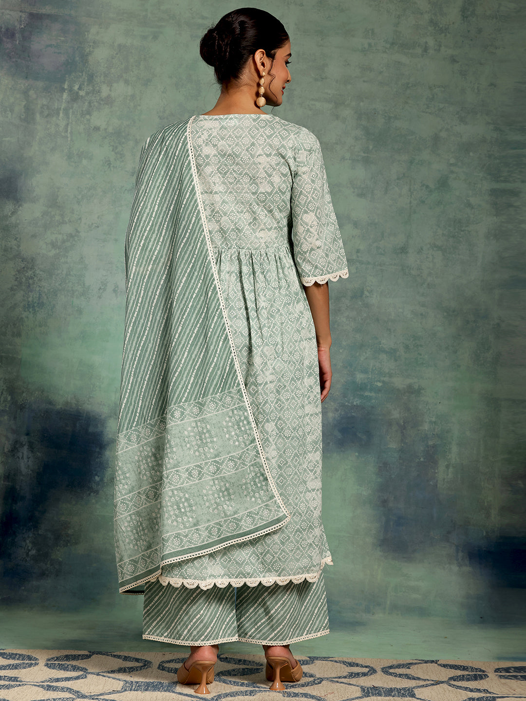 Green Printed Cotton A-Line Kurta With Palazzos & Dupatta