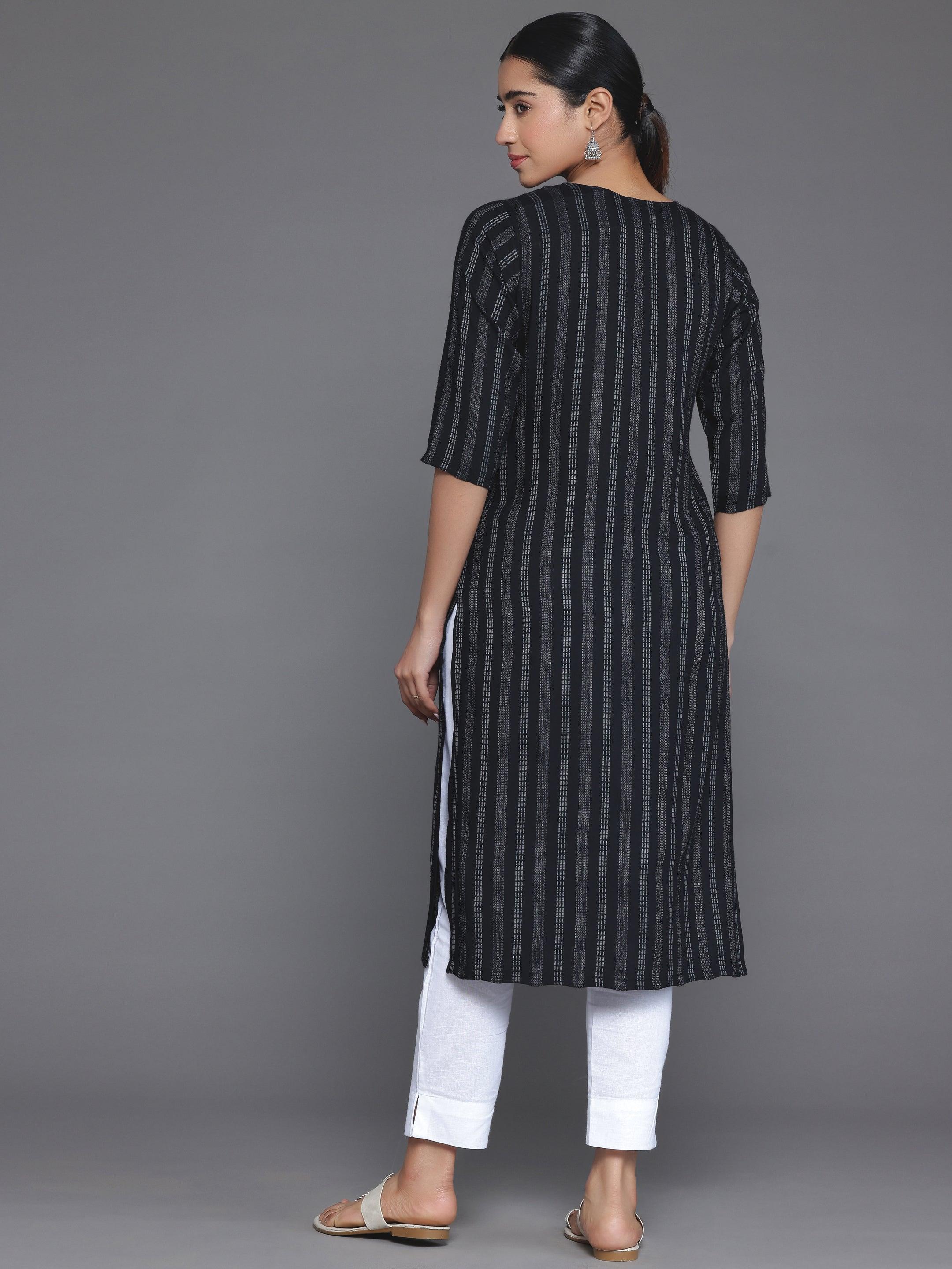 Black Striped Rayon Straight Kurta