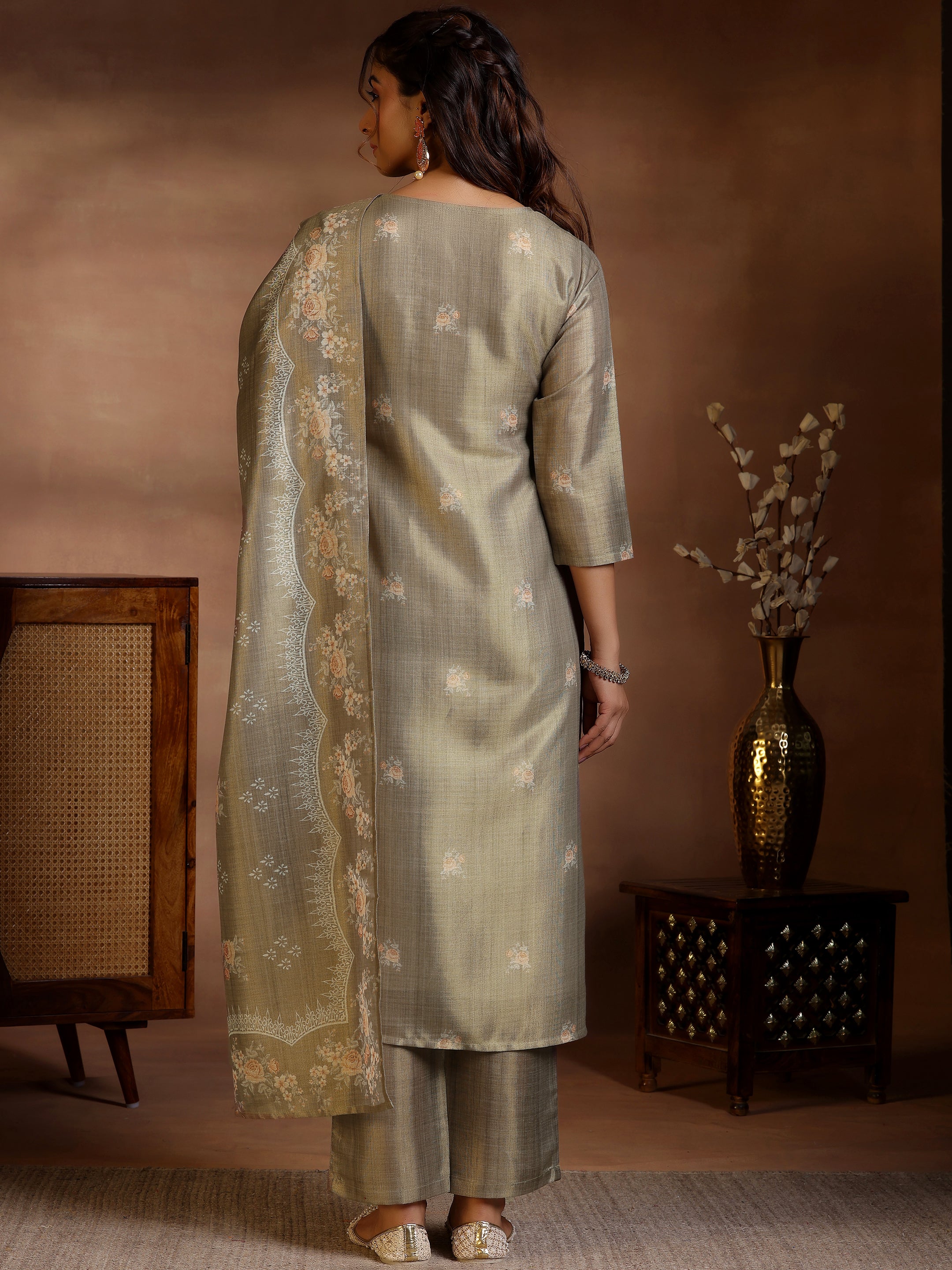 Brown Printed Silk Straight Suit With Dupatta