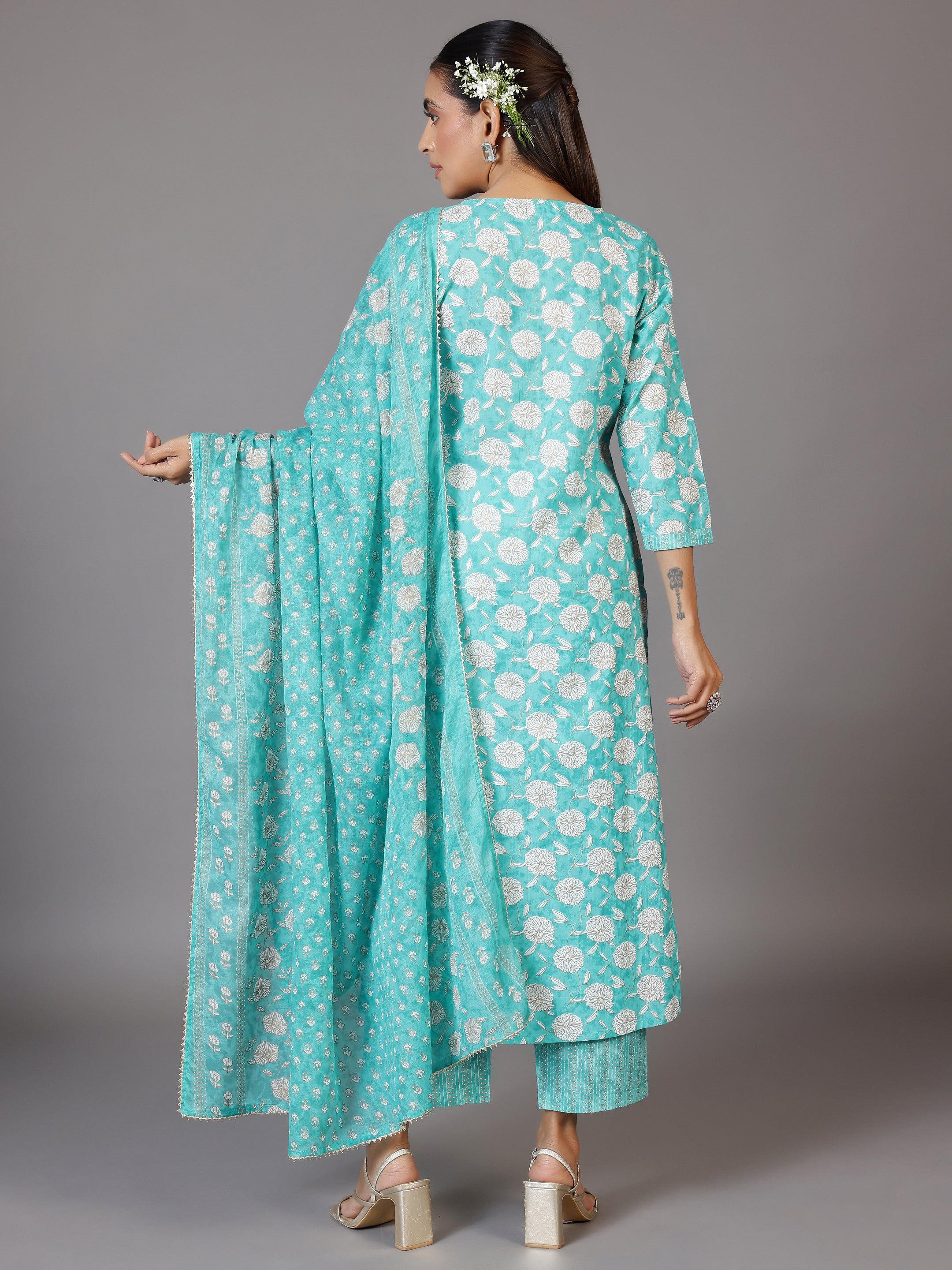 Turquoise Printed Cotton Straight Suit With Dupatta