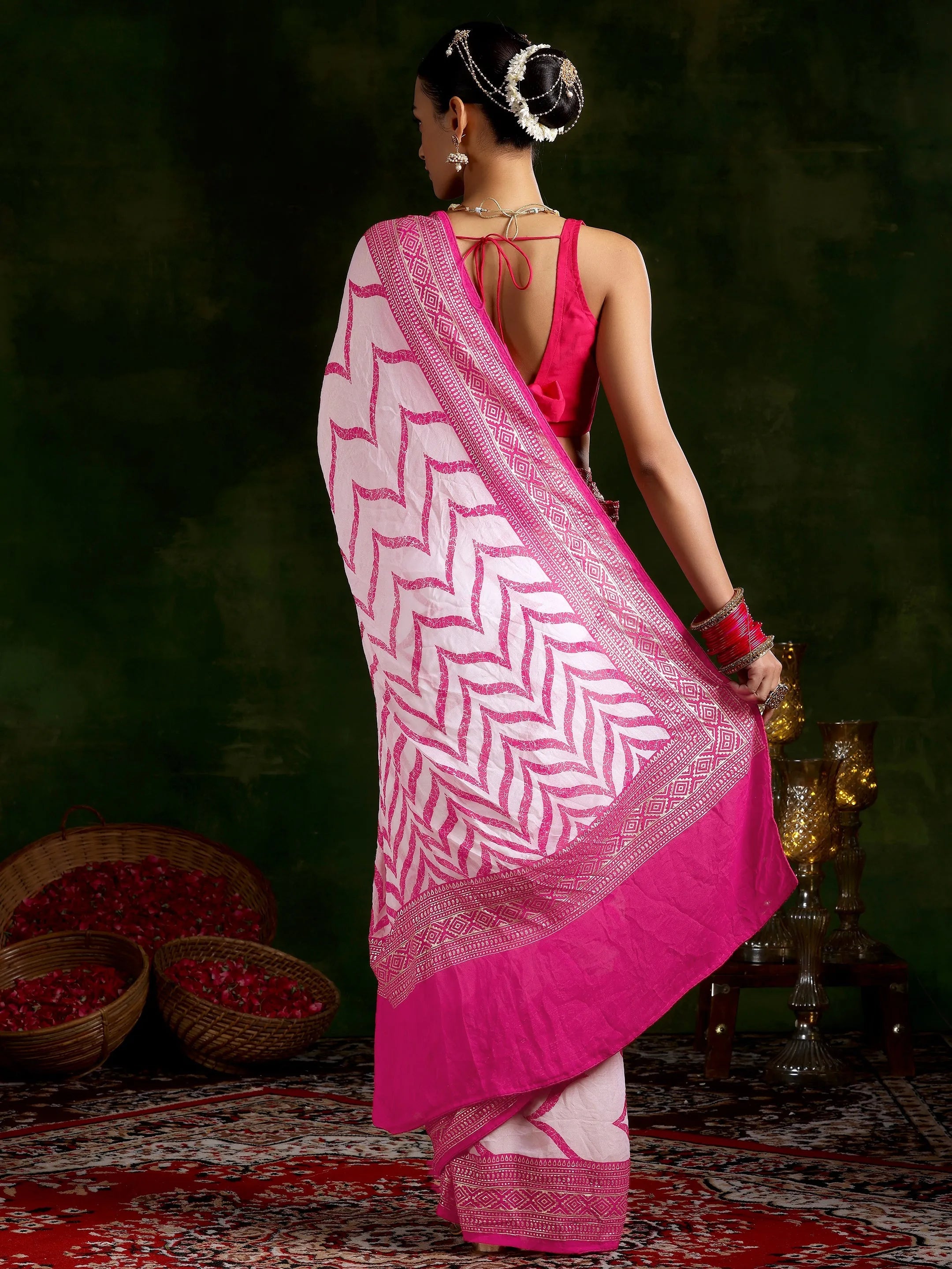 White Printed Chiffon Saree With Unstitched Blouse Piece