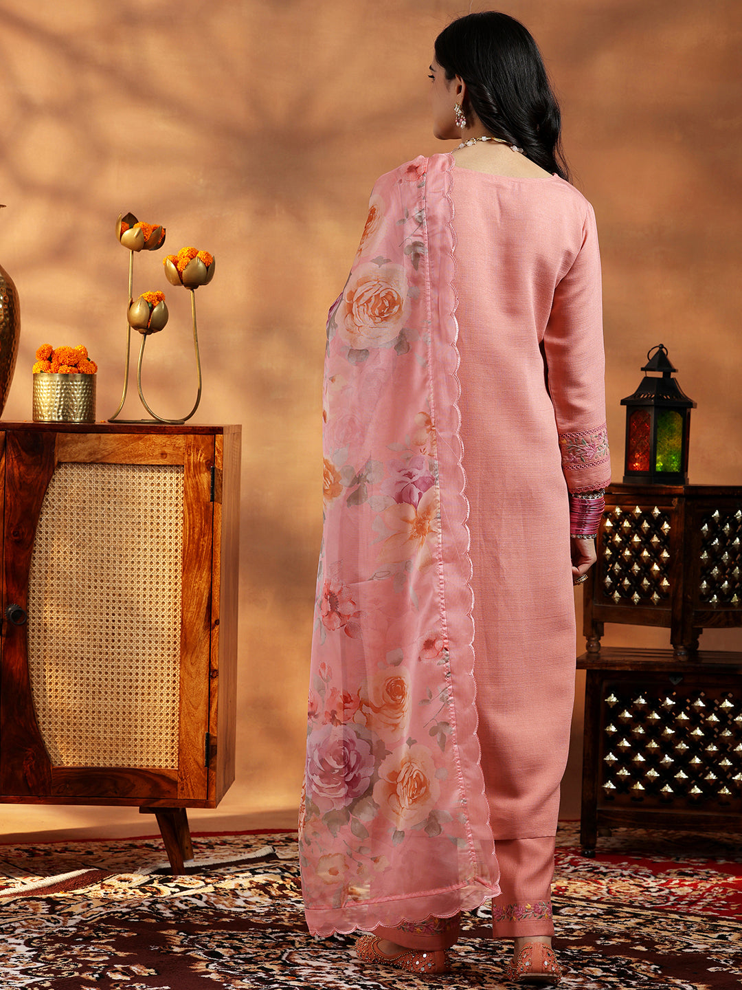 Peach Yoke Design Silk Blend Straight Suit With Dupatta